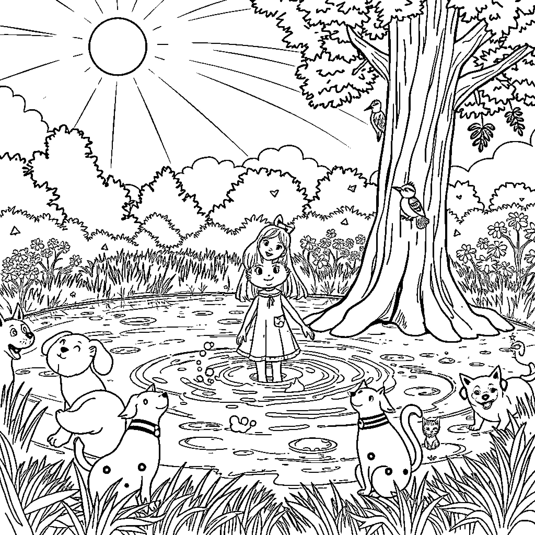 Animal Figures Playing in a Picturesque Nature Scene Coloring Page (free black-and-white line drawing printable PDF for all, from beginners to advanced learners, including children, teens, adults, and seniors)