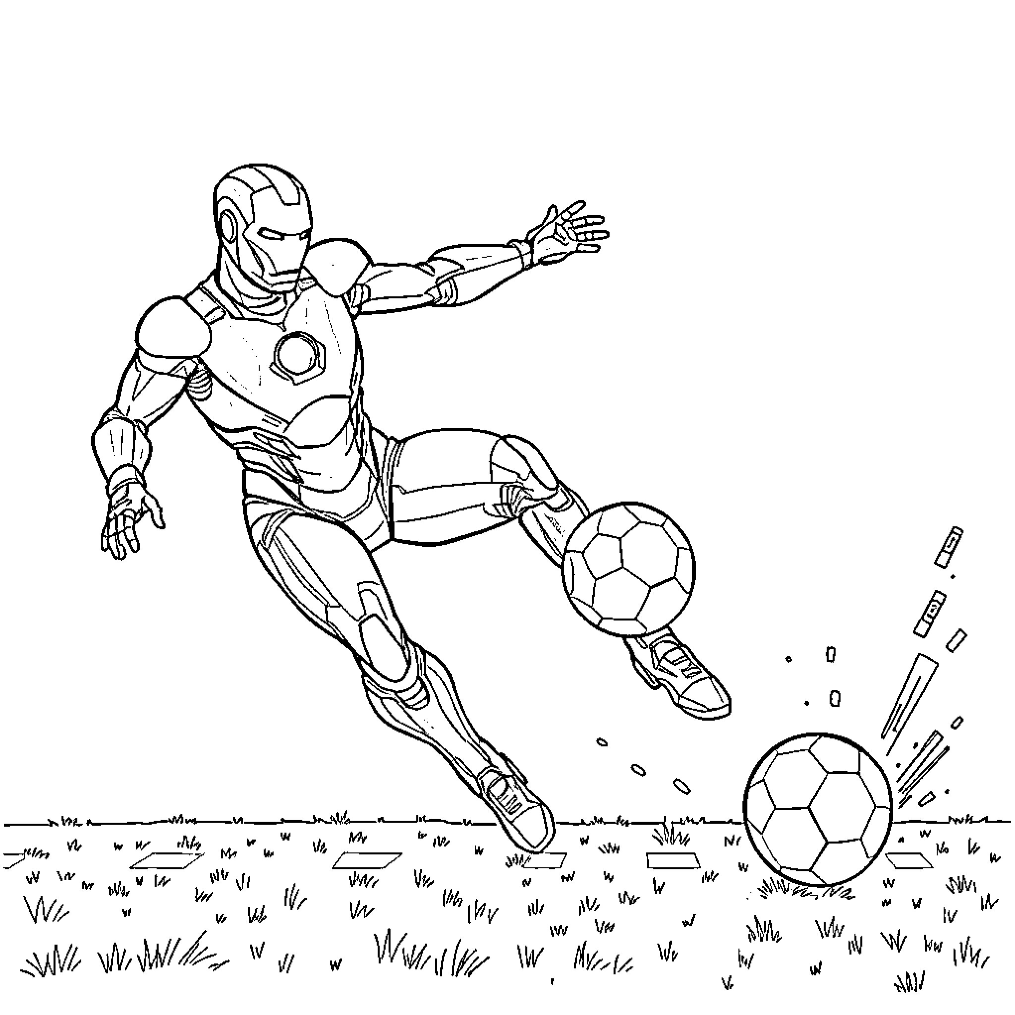 Ironman playing soccer on the field Coloring Page (free black-and-white line drawing printable PDF for all, from beginners to advanced learners, including children, teens, adults, and seniors)