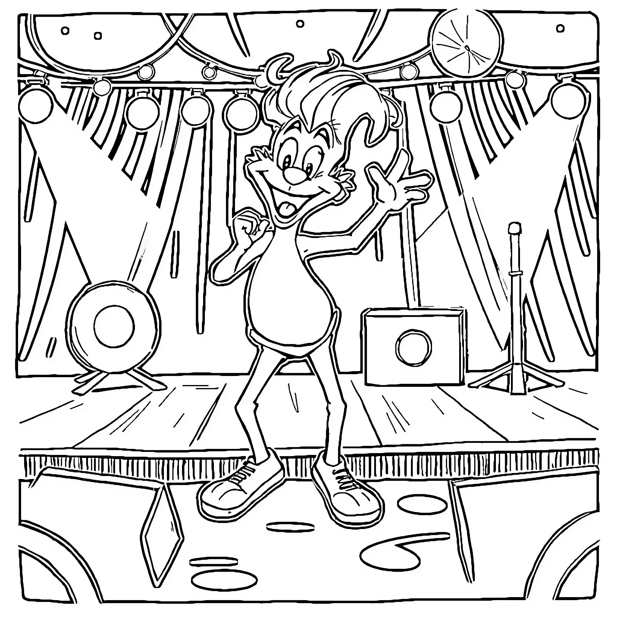Sprunki's Zany Musical Performance Coloring Page (free black-and-white line drawing printable PDF for all, from beginners to advanced learners, including children, teens, adults, and seniors)