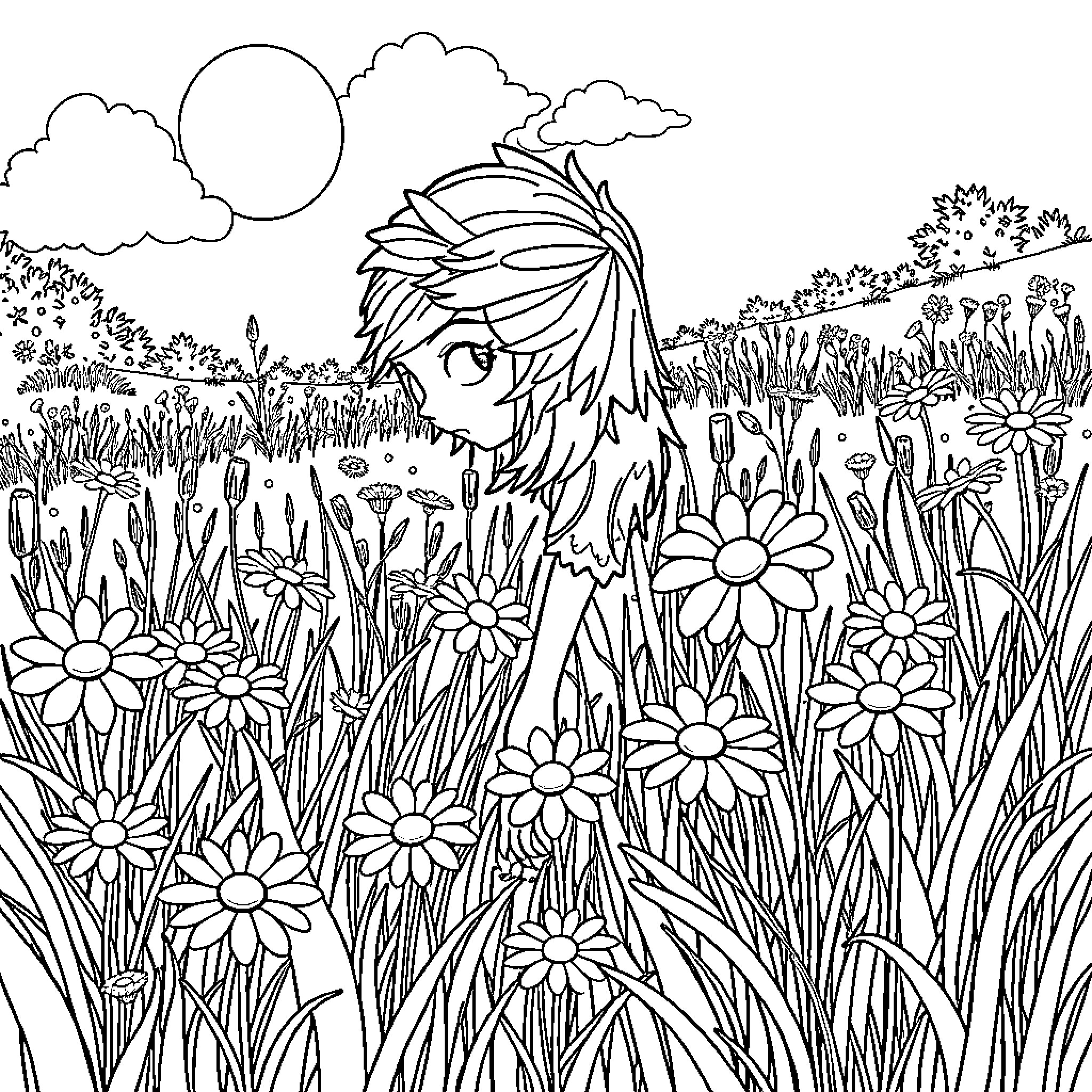 Daisy enjoying the serene meadow with blooming flowers Coloring Page (free black-and-white line drawing printable PDF for all, from beginners to advanced learners, including children, teens, adults, and seniors)