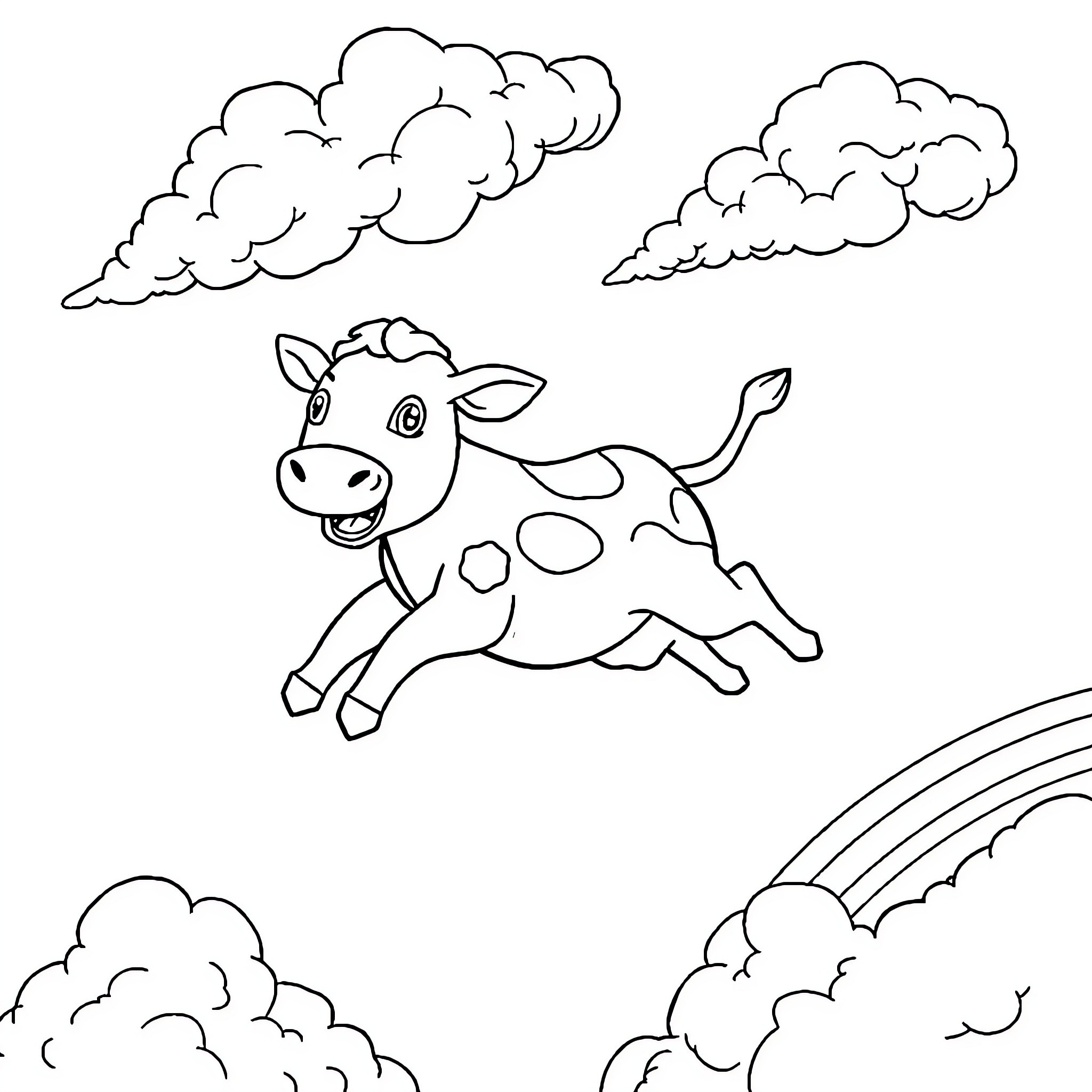 Cow running through the clouds Coloring Page (free black-and-white line drawing printable PDF for all, from beginners to advanced learners, including children, teens, adults, and seniors)