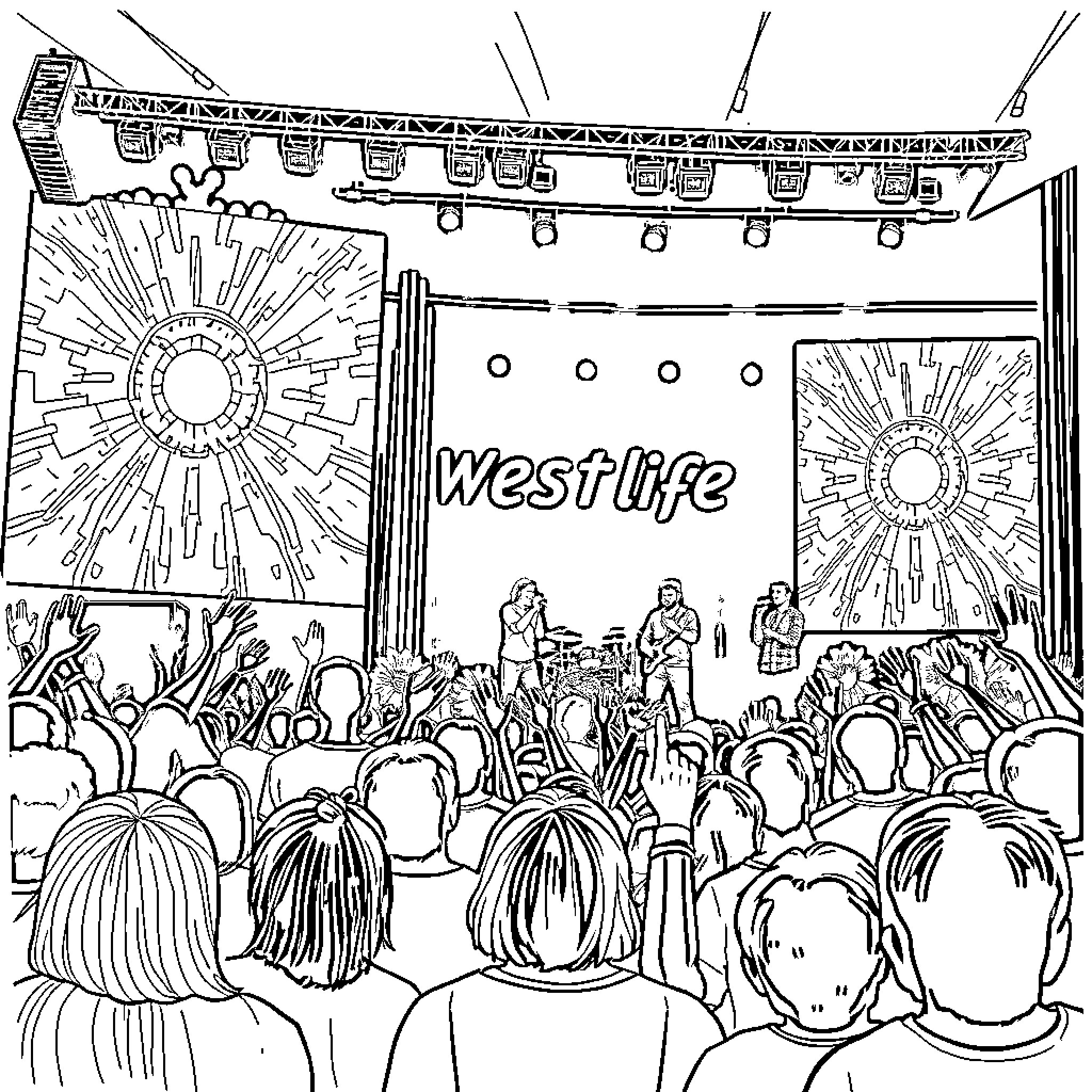 Westlife performing on stage in front of an excited crowd Coloring Page (free black-and-white line drawing printable PDF for all, from beginners to advanced learners, including children, teens, adults, and seniors)