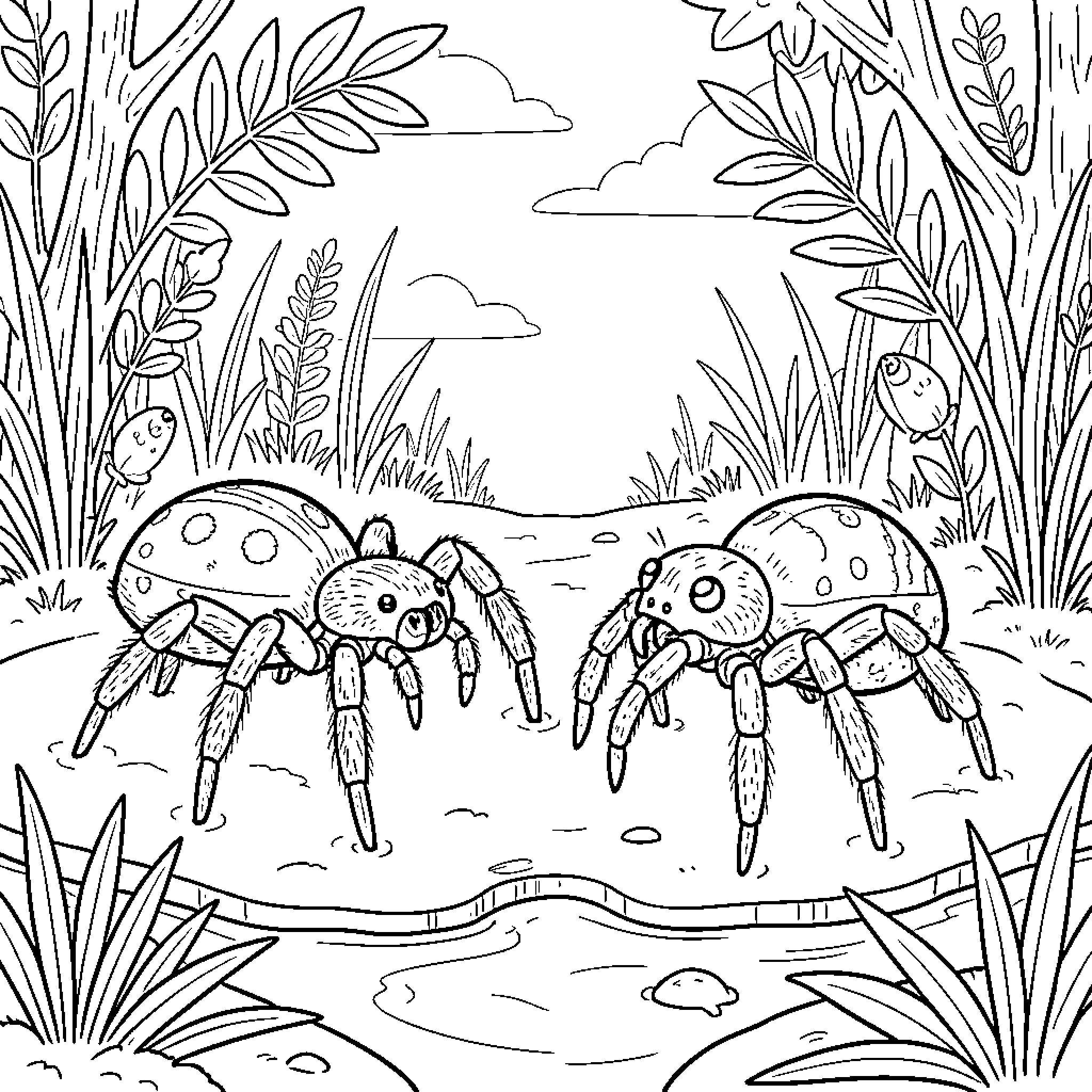 Spider characters interacting in a natural outdoor setting Coloring Page (free black-and-white line drawing printable PDF for all, from beginners to advanced learners, including children, teens, adults, and seniors)