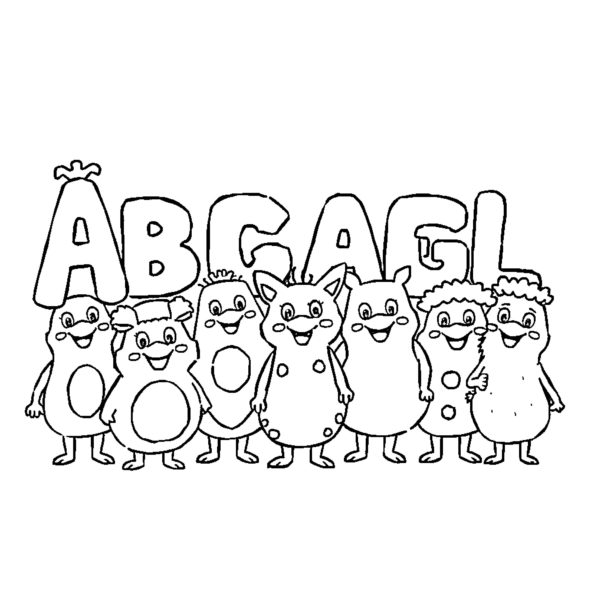 Alphabet characters acting out a playful scene Coloring Page (free black-and-white line drawing printable PDF for all, from beginners to advanced learners, including children, teens, adults, and seniors)