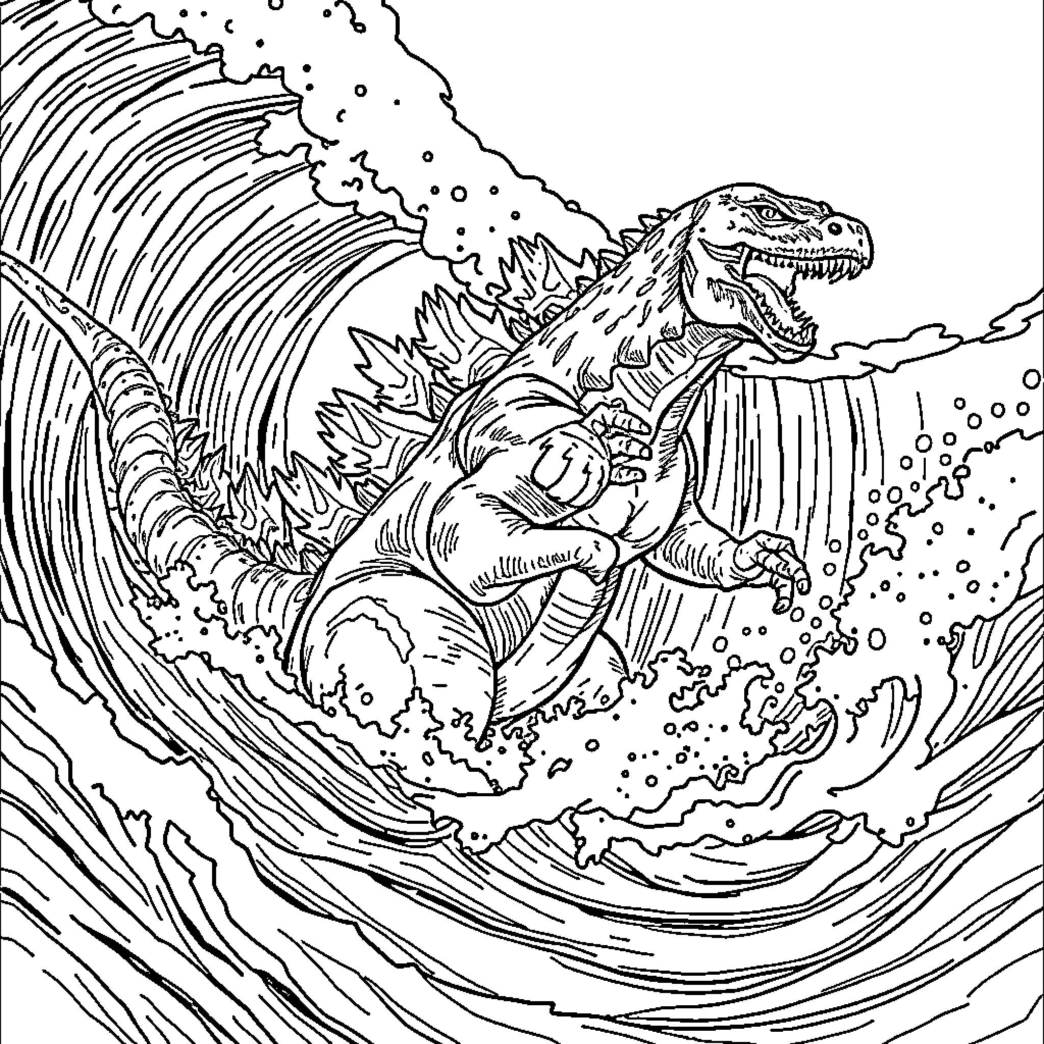 Godzilla battling the waves with fierce determination Coloring Page (free black-and-white line drawing printable PDF for all, from beginners to advanced learners, including children, teens, adults, and seniors)