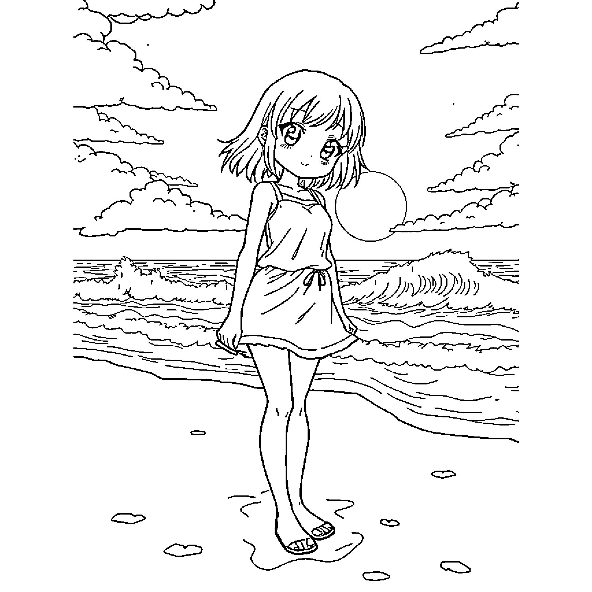 Anime Girl Standing Alone on the Beach Coloring Page (free black-and-white line drawing printable PDF for all, from beginners to advanced learners, including children, teens, adults, and seniors)