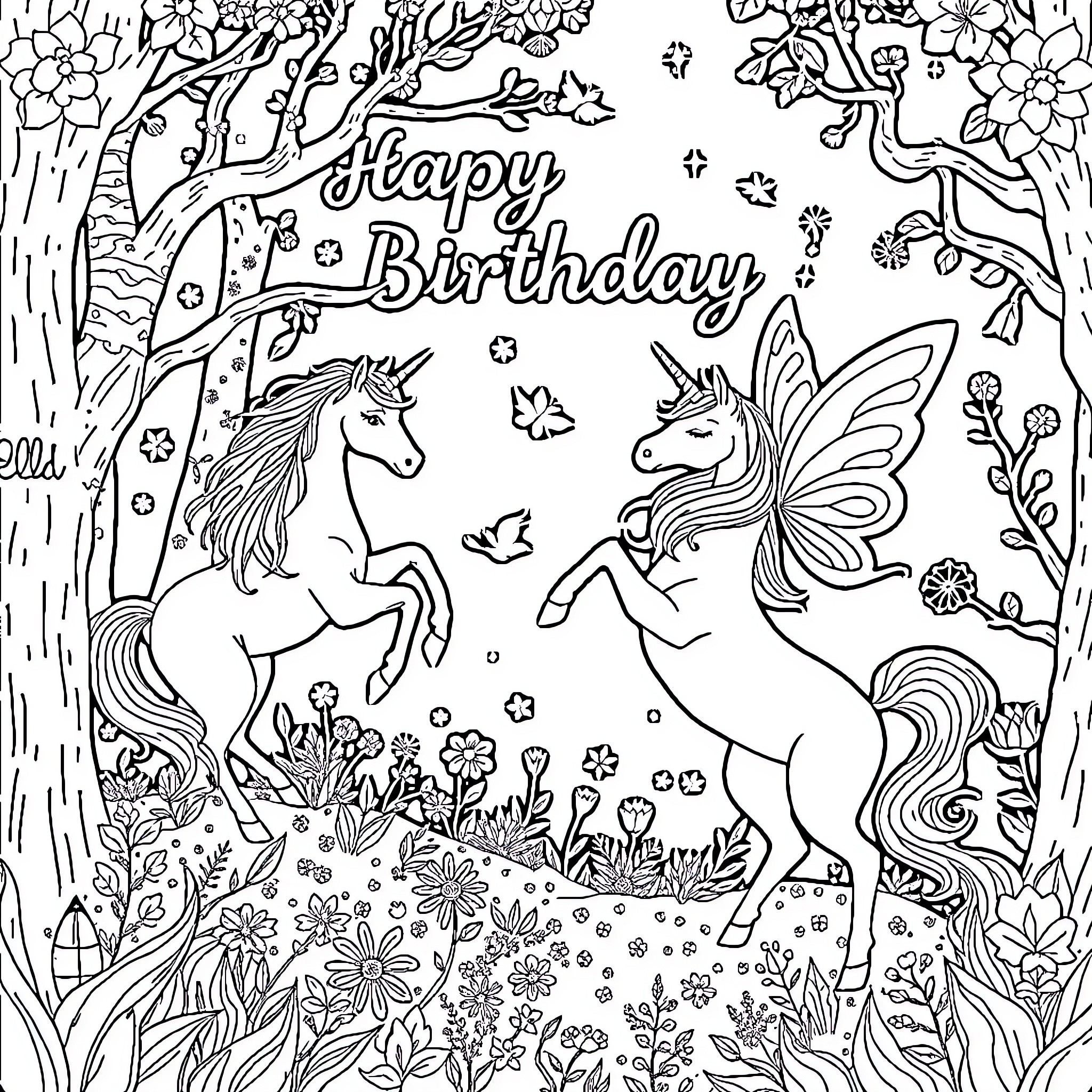 Unicorn Birthday Celebration with Magical Creatures Coloring Page (free black-and-white line drawing printable PDF for all, from beginners to advanced learners, including children, teens, adults, and seniors)