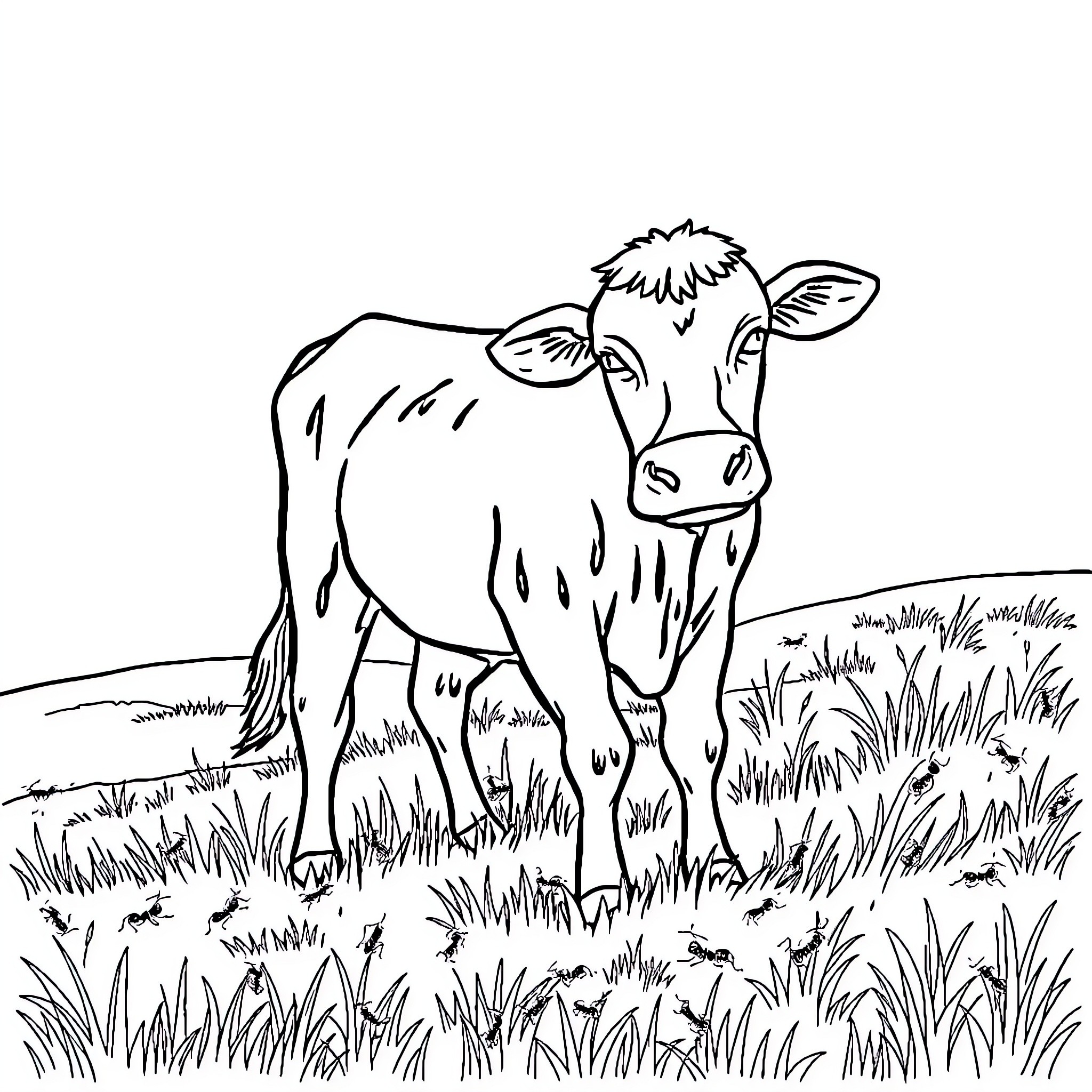 Cow standing in grassy field Coloring Page (free black-and-white line drawing printable PDF for all, from beginners to advanced learners, including children, teens, adults, and seniors)