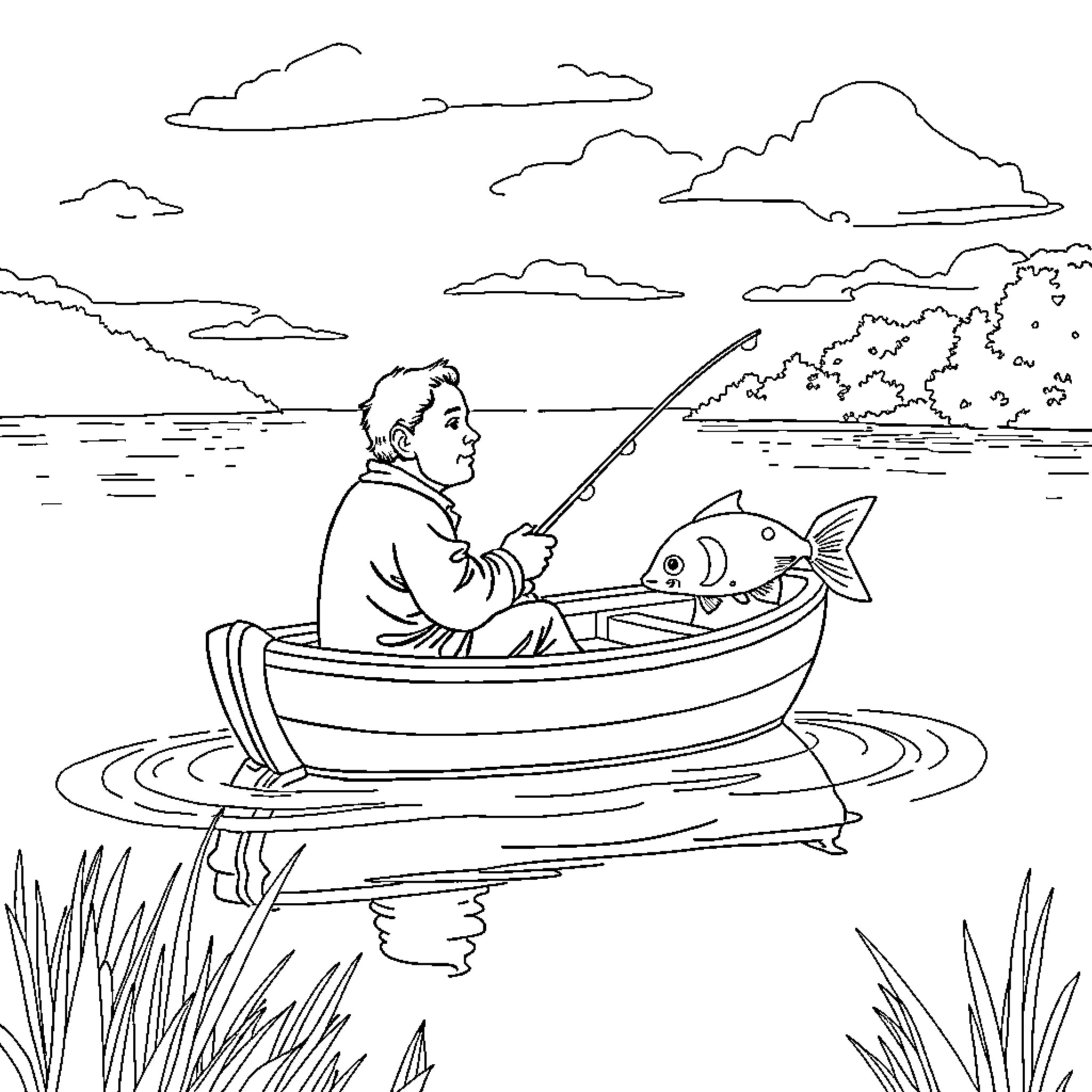 Father fishing in a boat on a calm lake Coloring Page (free black-and-white line drawing printable PDF for all, from beginners to advanced learners, including children, teens, adults, and seniors)