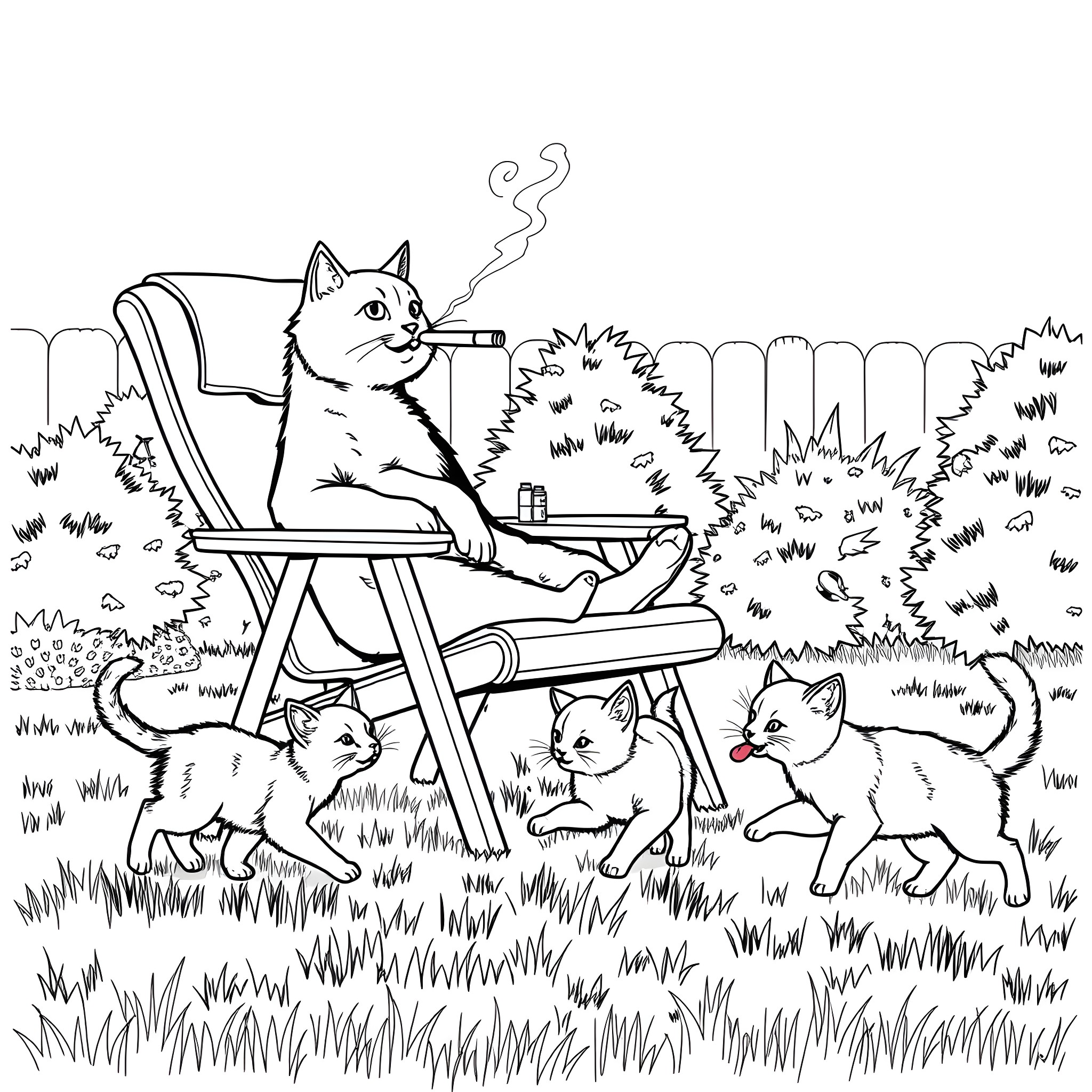 Cat relaxing in lawn chair with kittens playing Coloring Page (free black-and-white line drawing printable PDF for all, from beginners to advanced learners, including children, teens, adults, and seniors)