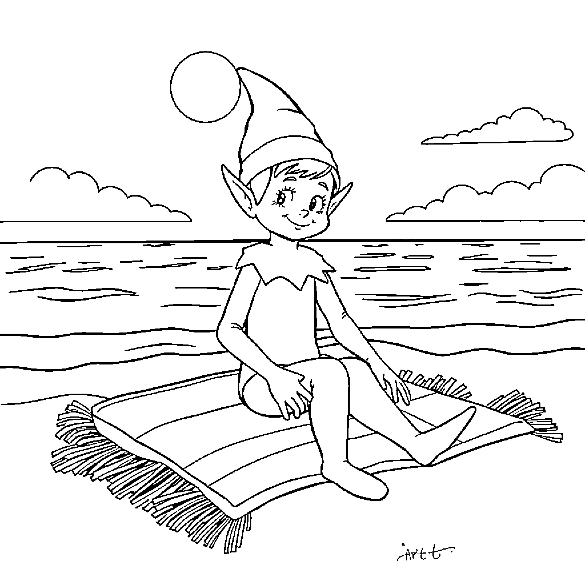 Elf sitting on a flying carpet in a scenic landscape Coloring Page (free black-and-white line drawing printable PDF for all, from beginners to advanced learners, including children, teens, adults, and seniors)