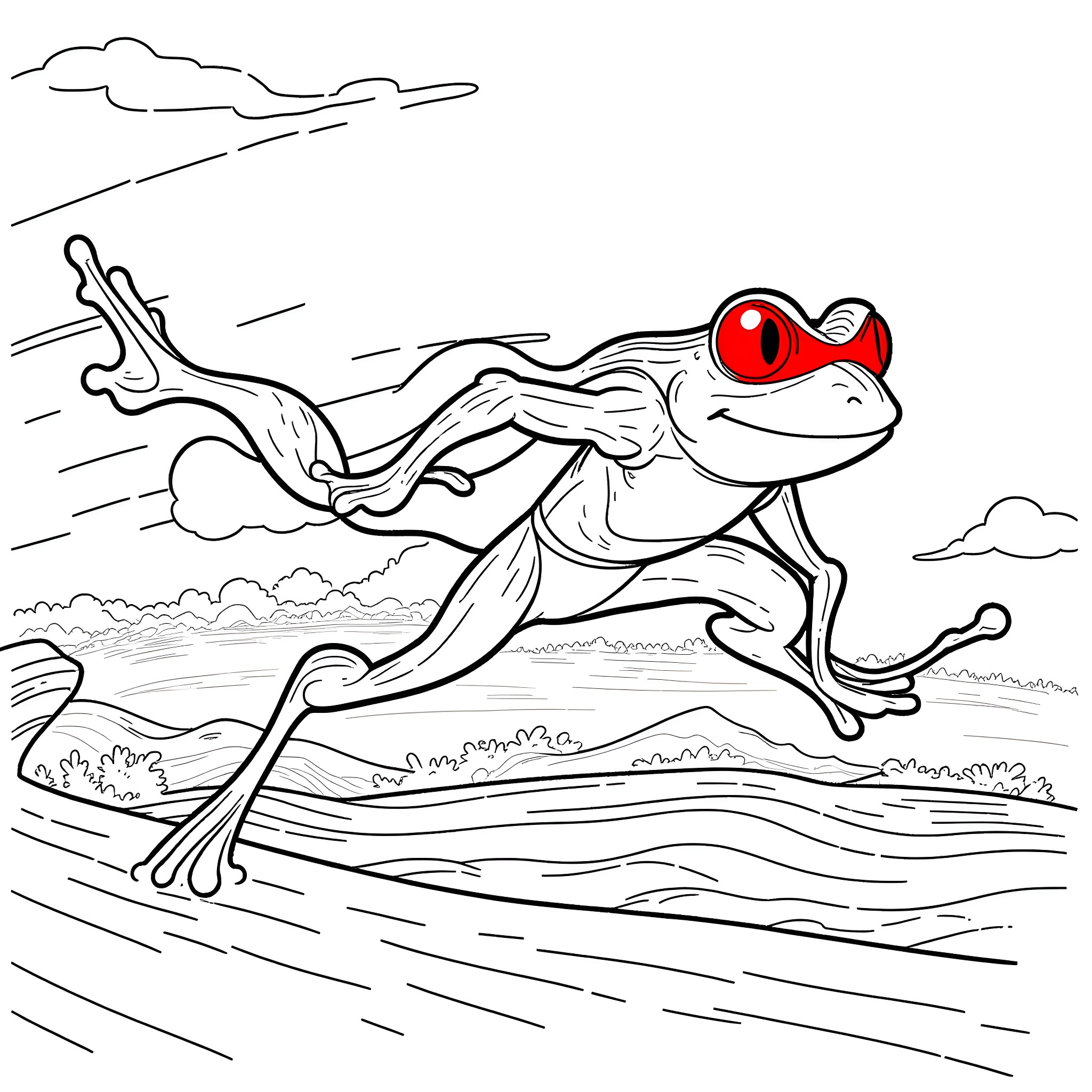 Superhero Frog Leaps Through the Air Coloring Page (free black-and-white line drawing printable PDF for all, from beginners to advanced learners, including children, teens, adults, and seniors)