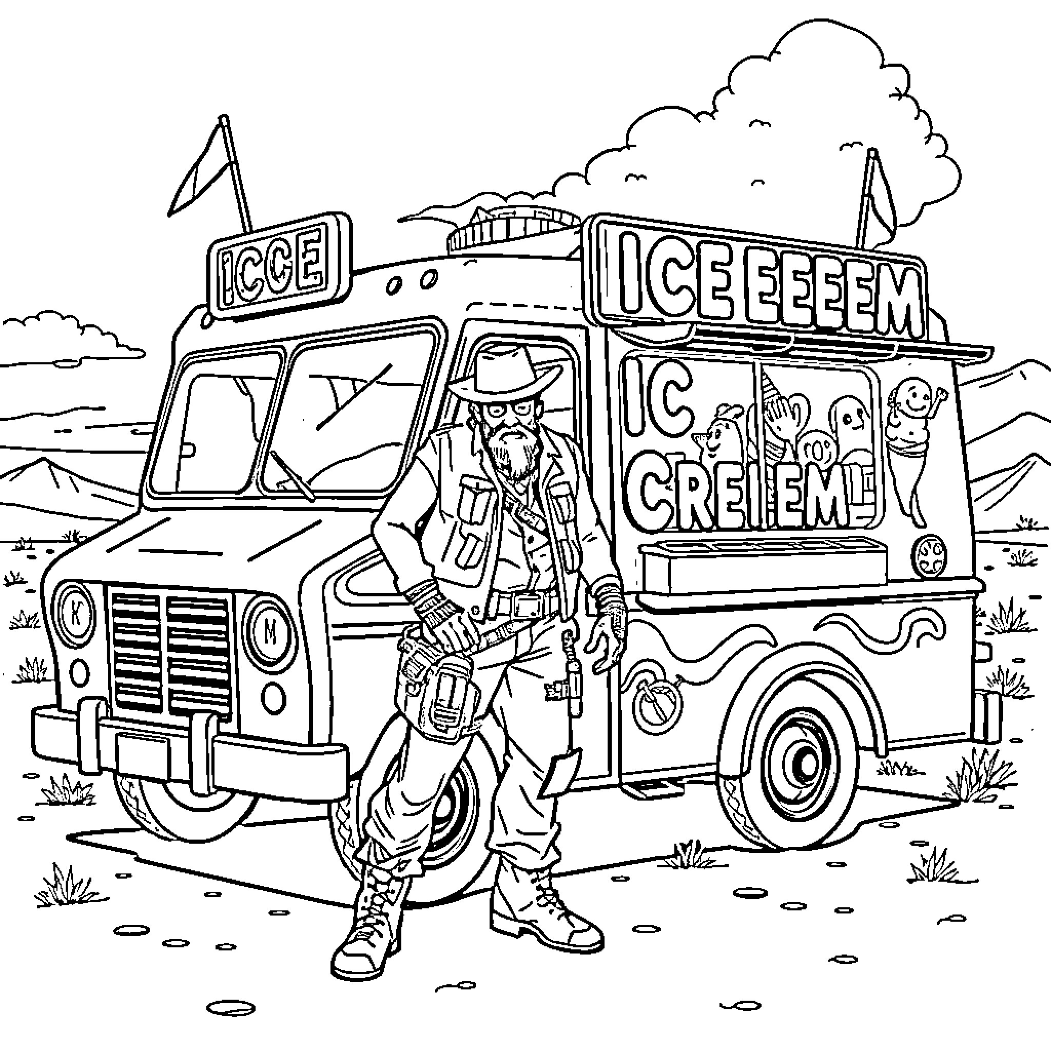 Mad Max-style Ice Cream Truck in the Desert Coloring Page (free black-and-white line drawing printable PDF for all, from beginners to advanced learners, including children, teens, adults, and seniors)
