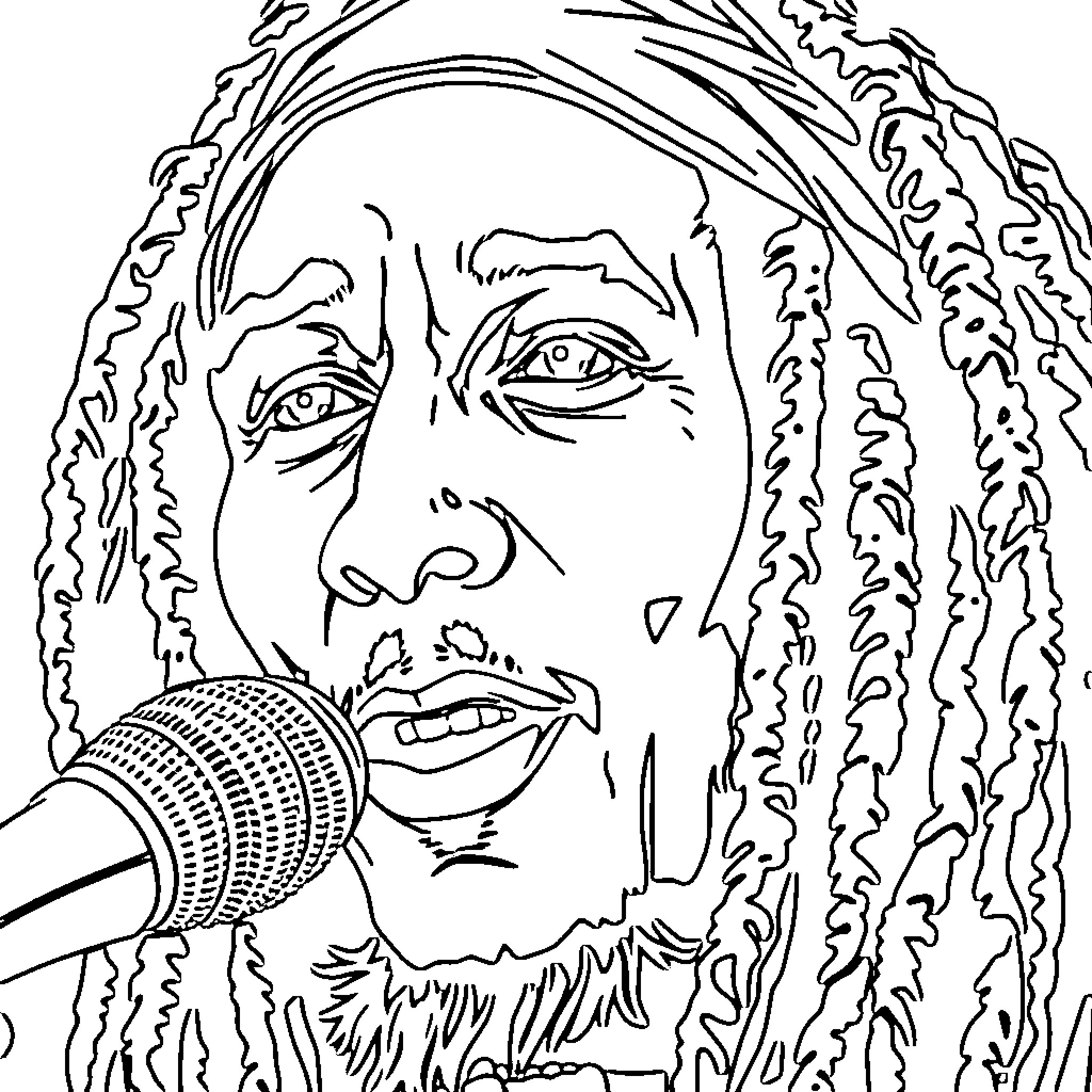 Bob Marley performing on stage with a microphone Coloring Page (free black-and-white line drawing printable PDF for all, from beginners to advanced learners, including children, teens, adults, and seniors)