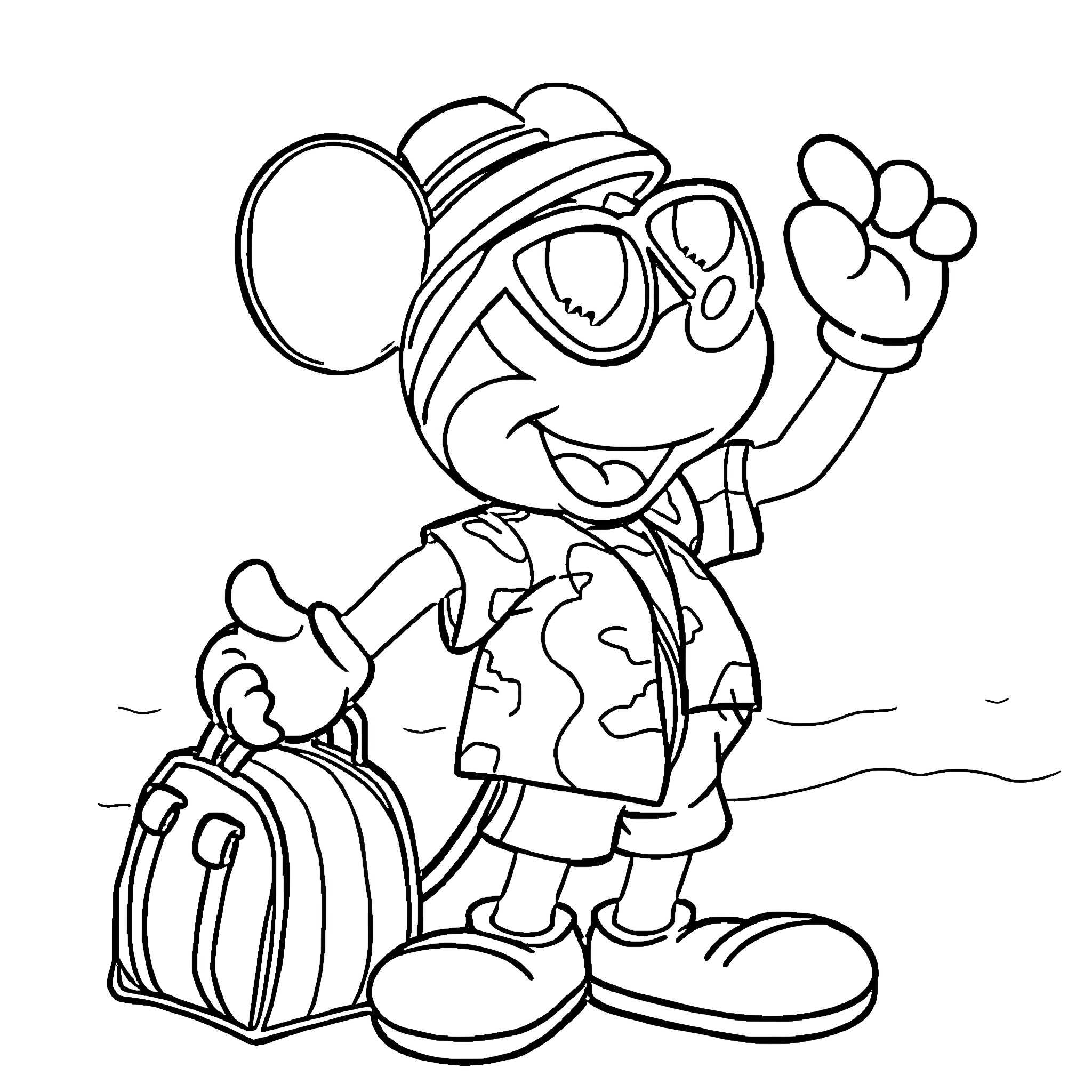 Mickey Mouse traveling with suitcase and waving happily Coloring Page (free black-and-white line drawing printable PDF for all, from beginners to advanced learners, including children, teens, adults, and seniors)
