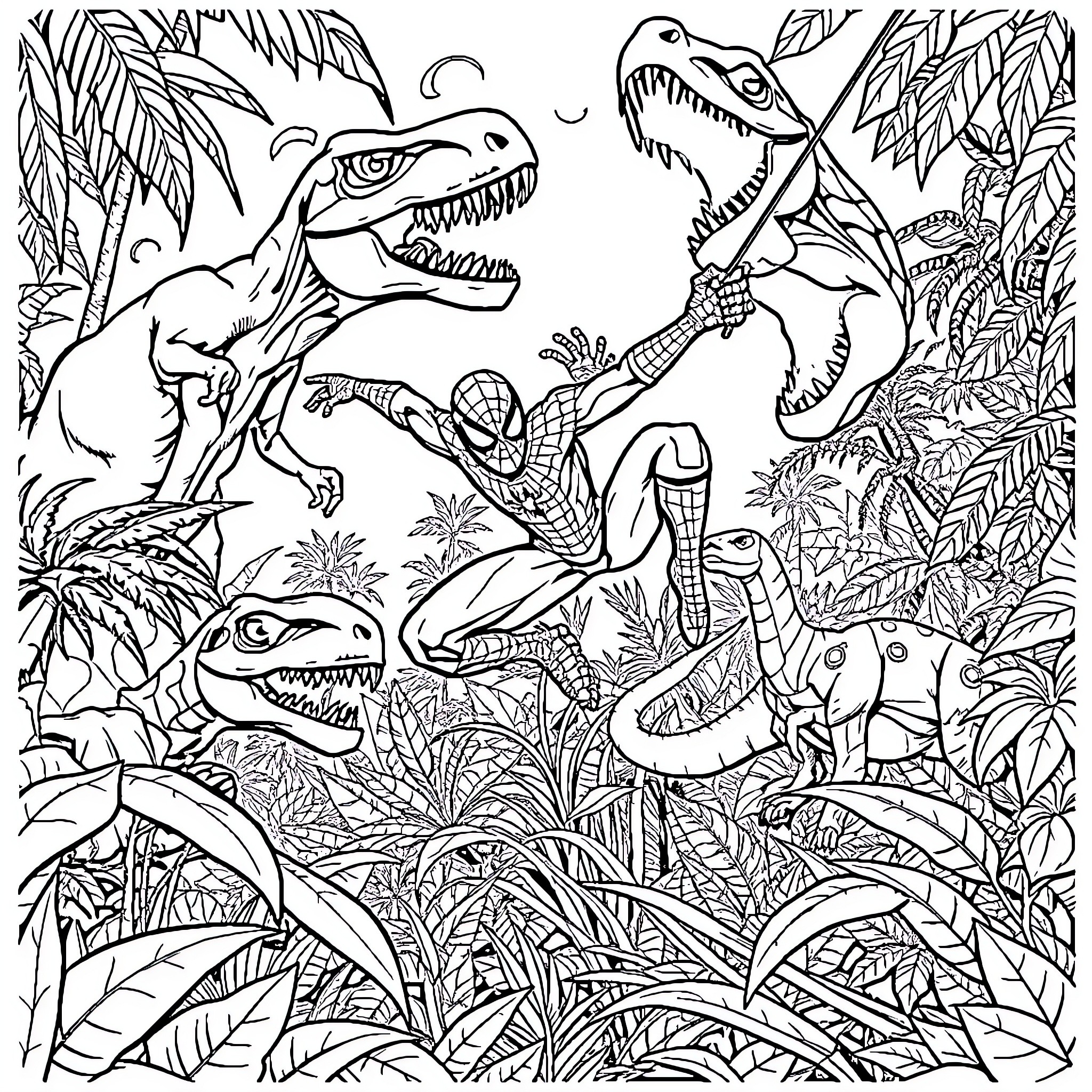 Spiderman battles dinosaurs in a lush jungle Coloring Page (free black-and-white line drawing printable PDF for all, from beginners to advanced learners, including children, teens, adults, and seniors)