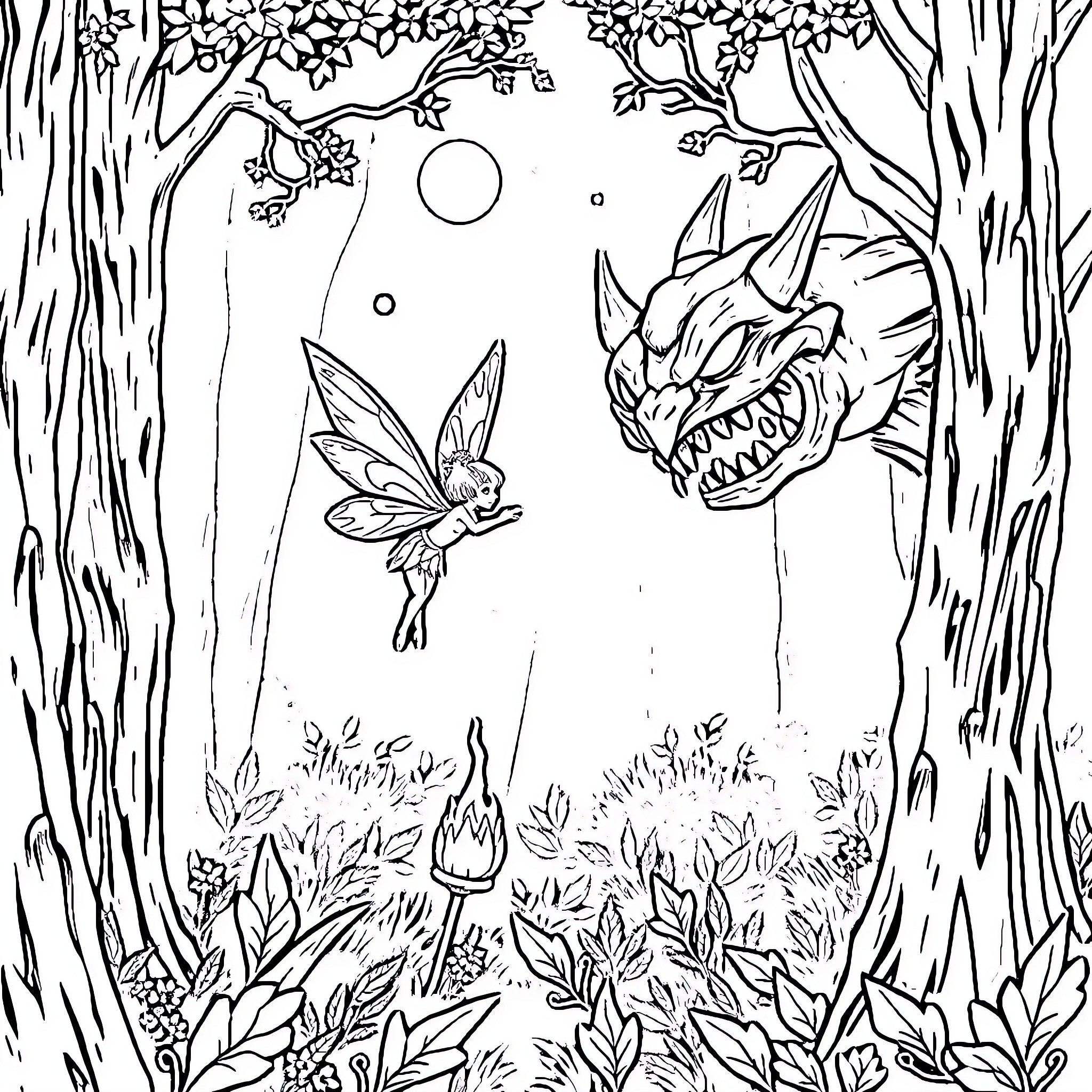 Faerie Encounter with Mythical Creature in Forest Coloring Page (free black-and-white line drawing printable PDF for all, from beginners to advanced learners, including children, teens, adults, and seniors)