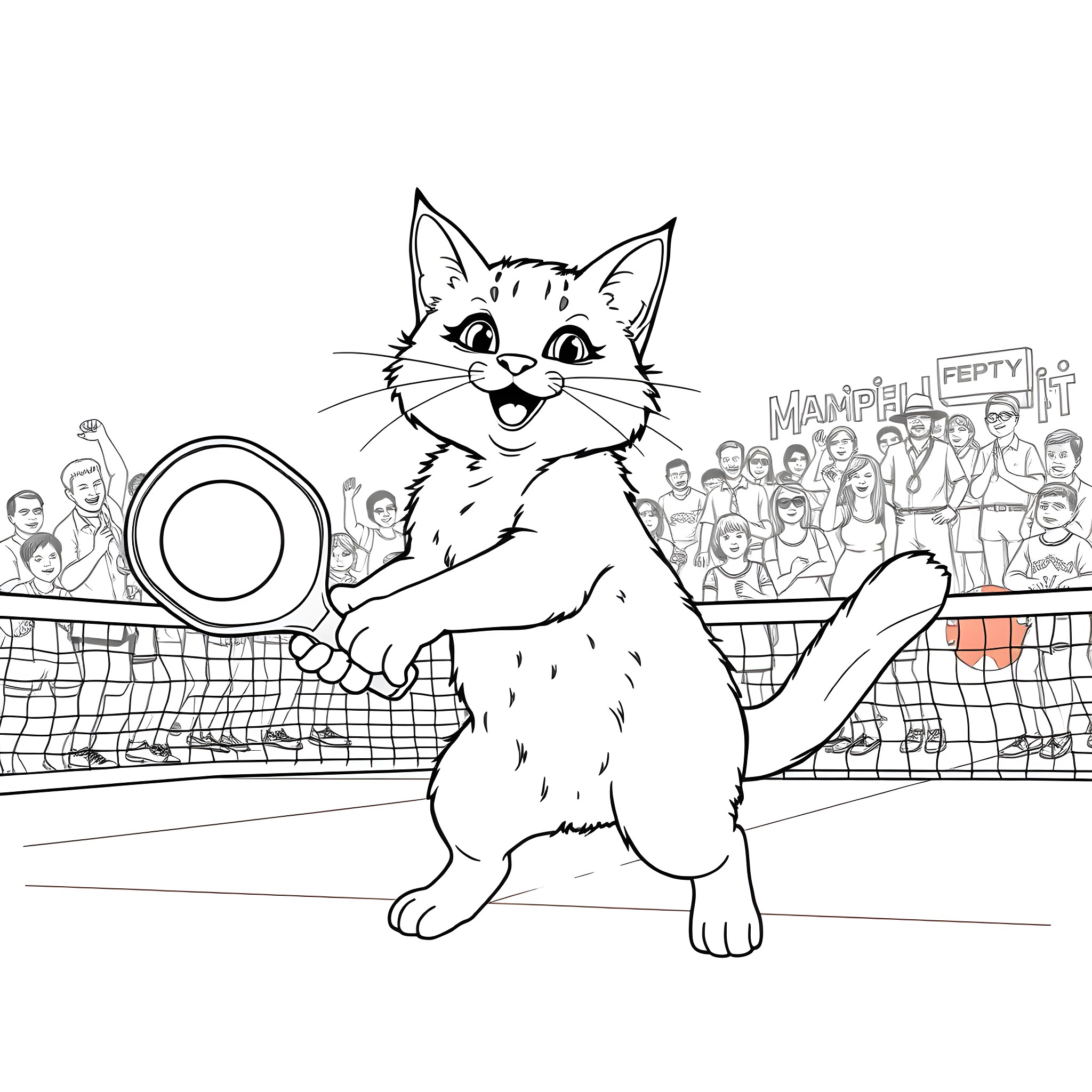 Cat playing happily with magnifying glass on tennis court Coloring Page (free black-and-white line drawing printable PDF for all, from beginners to advanced learners, including children, teens, adults, and seniors)