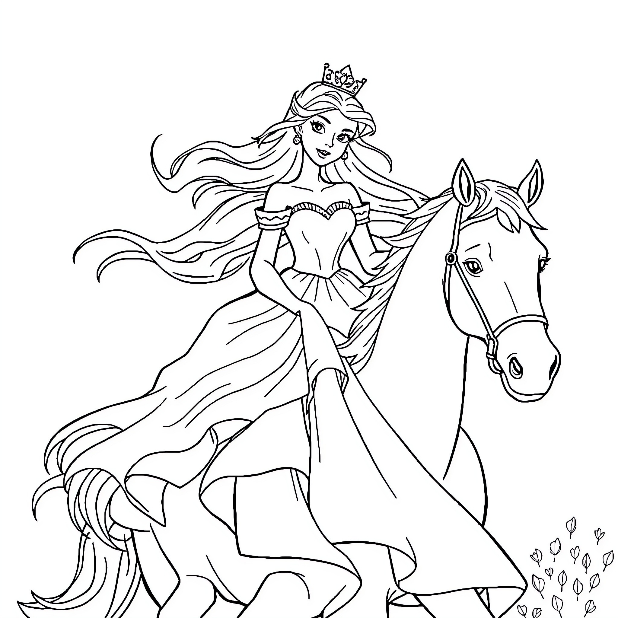 Princess riding majestic horse with flowing gown Coloring Page (free black-and-white line drawing printable PDF for all, from beginners to advanced learners, including children, teens, adults, and seniors)