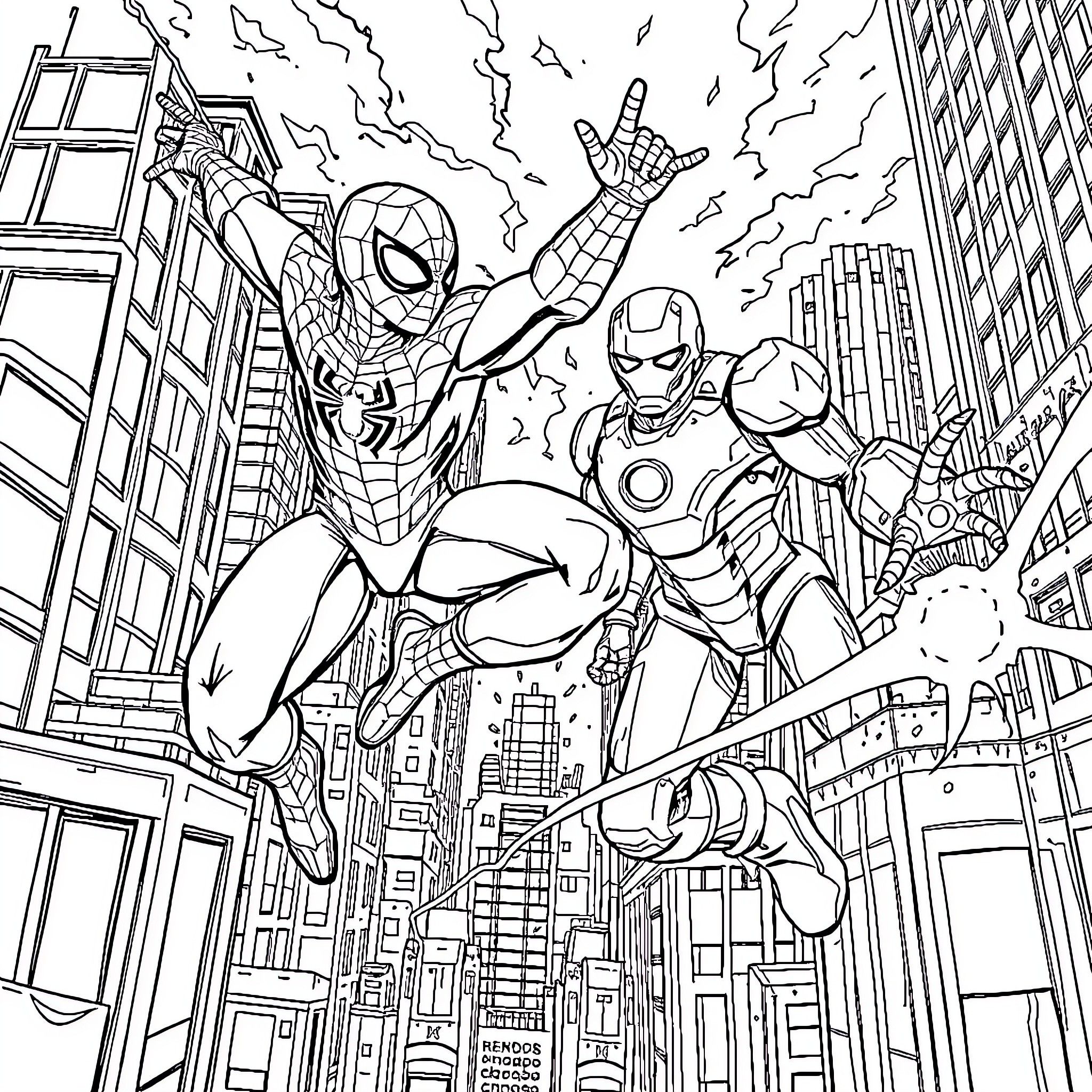 Spiderman and Iron Man saving the city Coloring Page (free black-and-white line drawing printable PDF for all, from beginners to advanced learners, including children, teens, adults, and seniors)