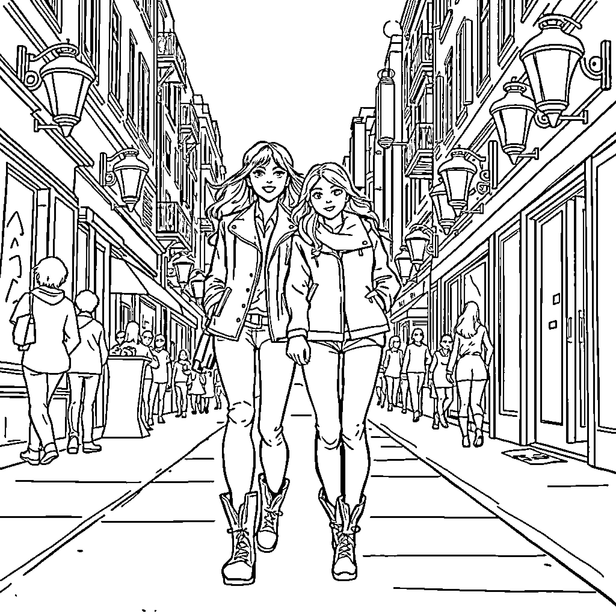 Chica friends strolling down the city street Coloring Page (free black-and-white line drawing printable PDF for all, from beginners to advanced learners, including children, teens, adults, and seniors)