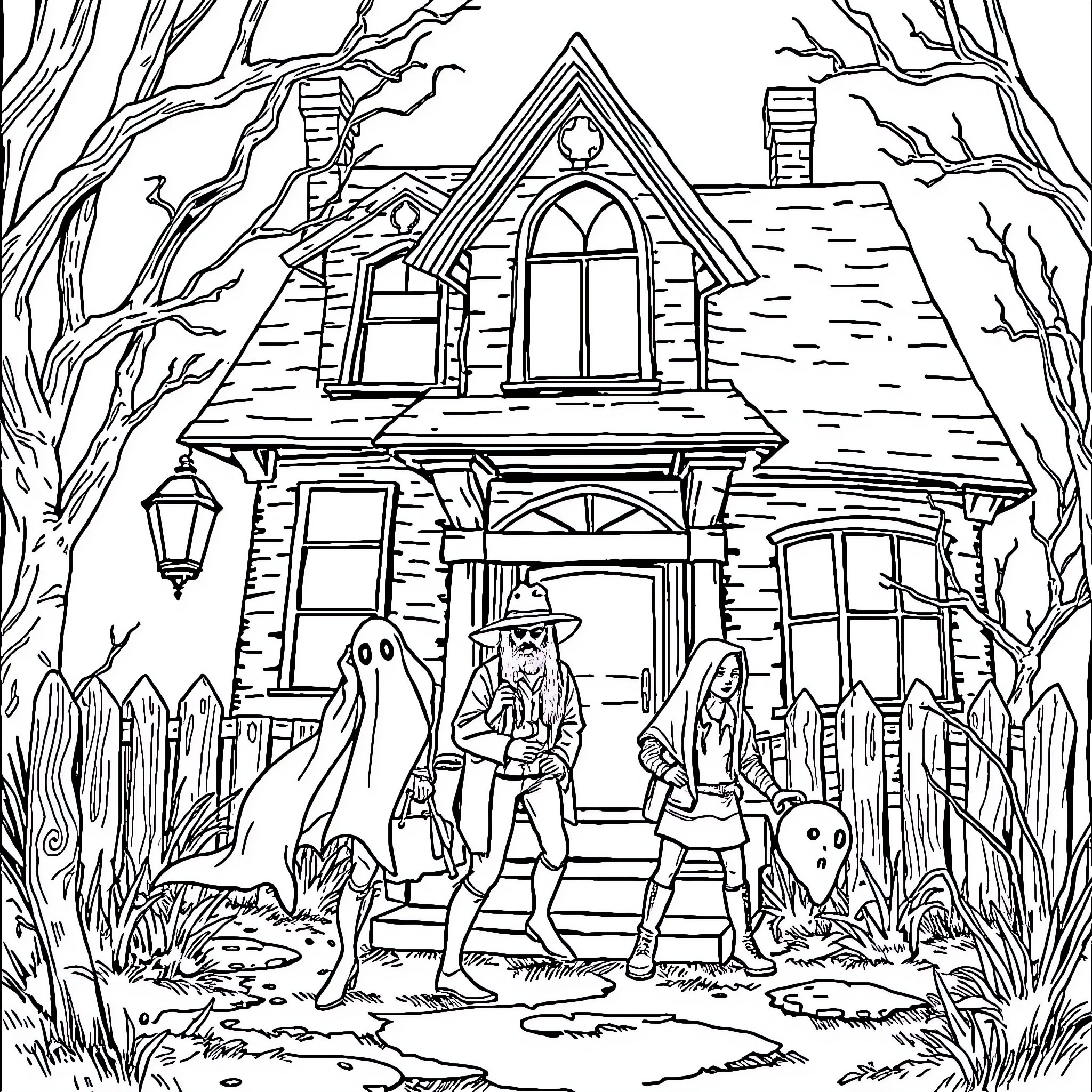 Ghost Hunter Investigates Haunted House in the Woods Coloring Page (free black-and-white line drawing printable PDF for all, from beginners to advanced learners, including children, teens, adults, and seniors)