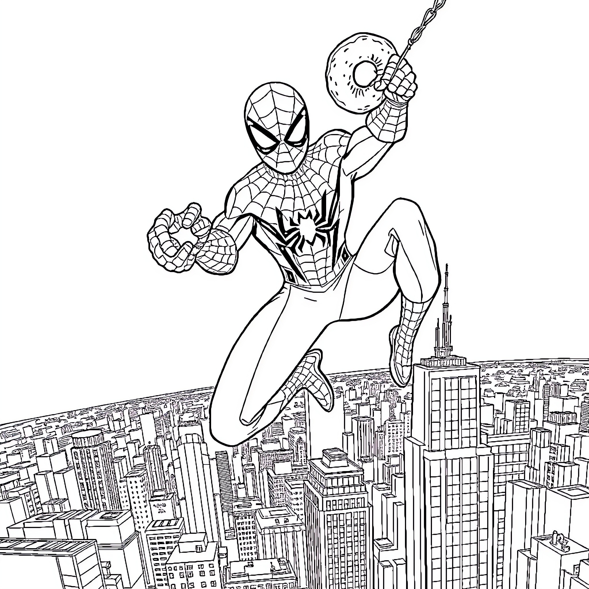 Spiderman swinging through the city skyline Coloring Page (free black-and-white line drawing printable PDF for all, from beginners to advanced learners, including children, teens, adults, and seniors)