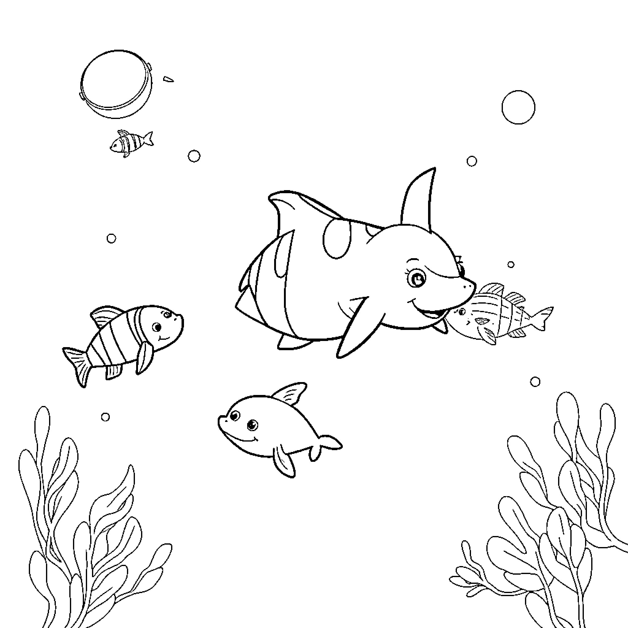 Baby Sea Animals Playing in the Ocean Coloring Page (free black-and-white line drawing printable PDF for all, from beginners to advanced learners, including children, teens, adults, and seniors)