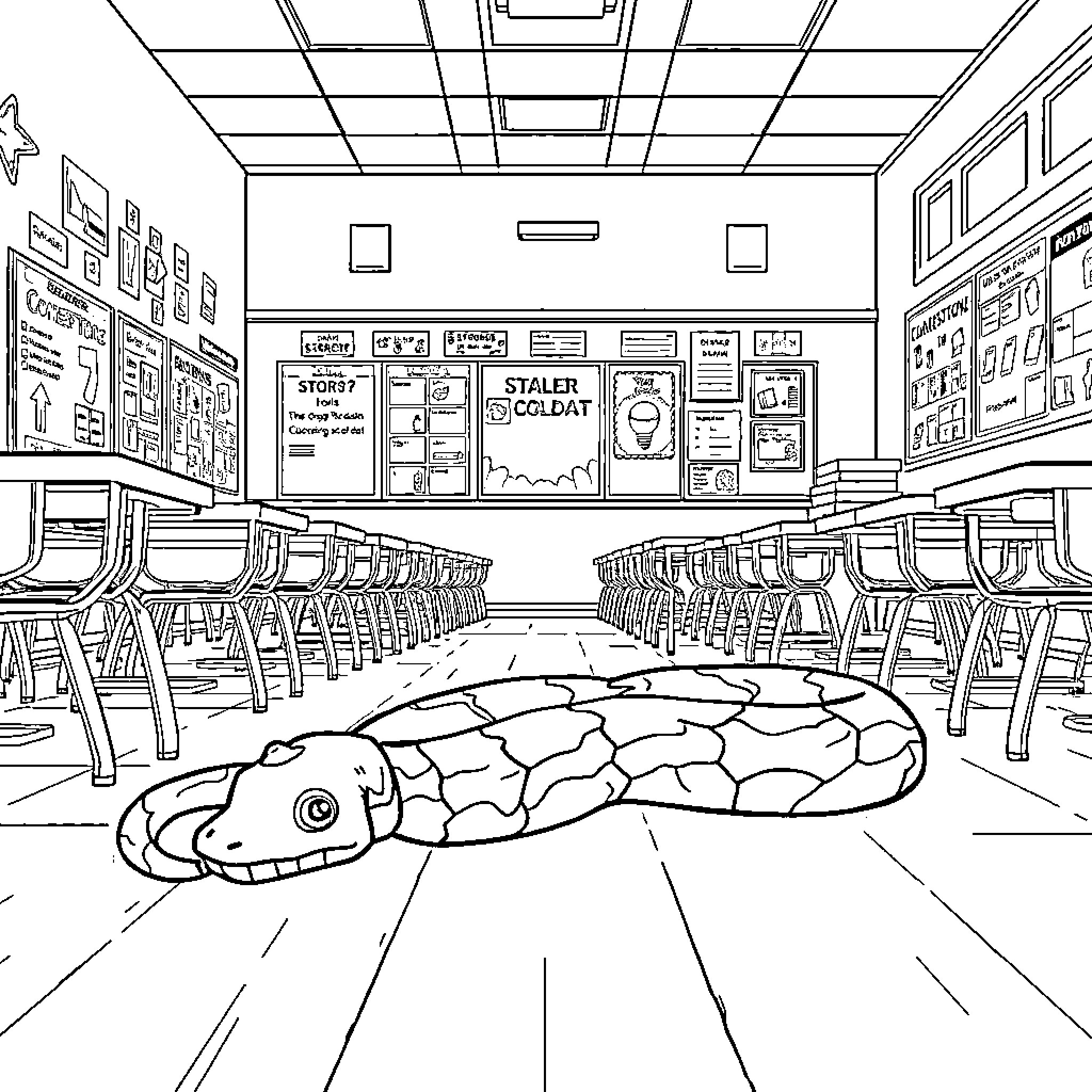 Snake slithering through an empty classroom Coloring Page (free black-and-white line drawing printable PDF for all, from beginners to advanced learners, including children, teens, adults, and seniors)