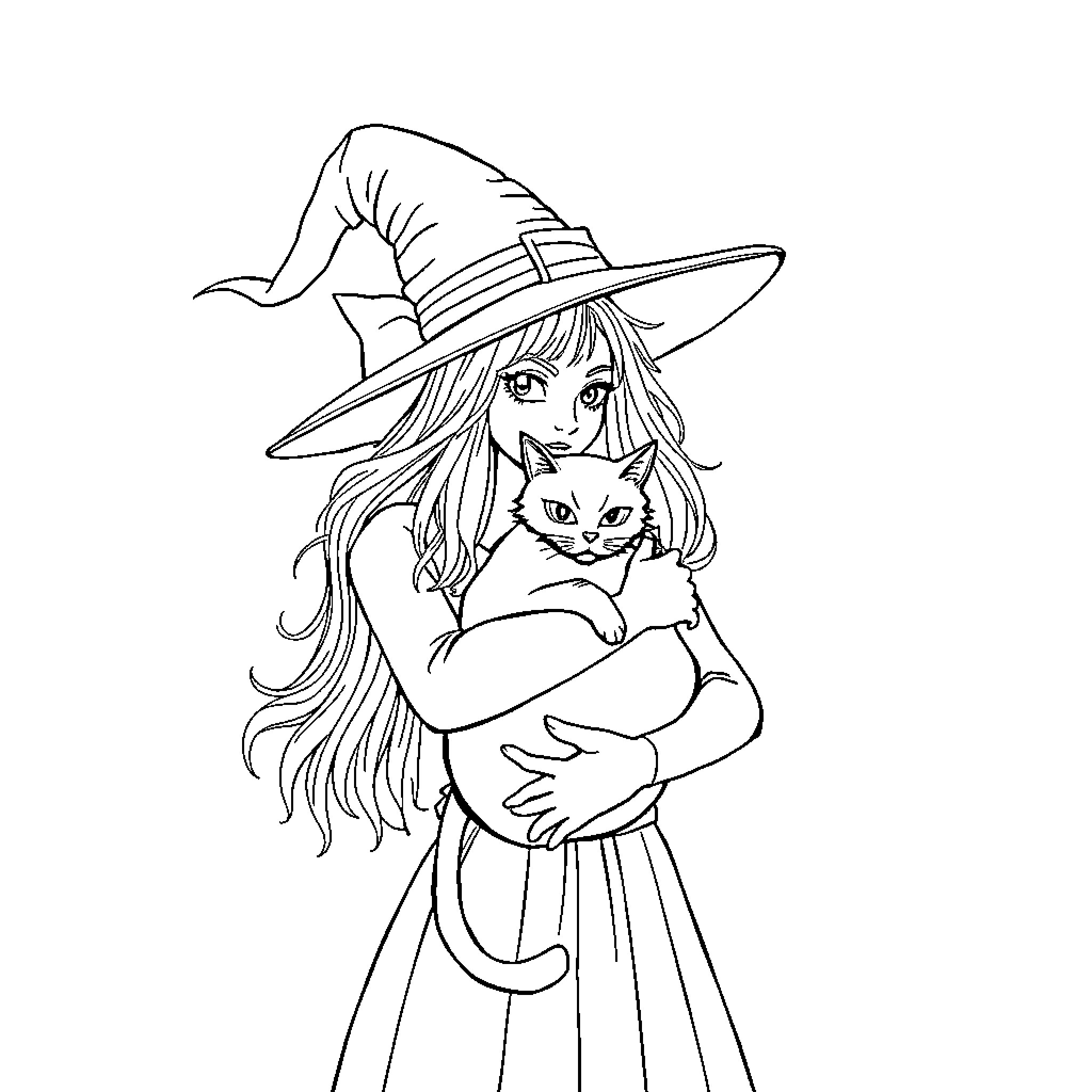 Witch with Feline Companion Coloring Page (free black-and-white line drawing printable PDF for all, from beginners to advanced learners, including children, teens, adults, and seniors)