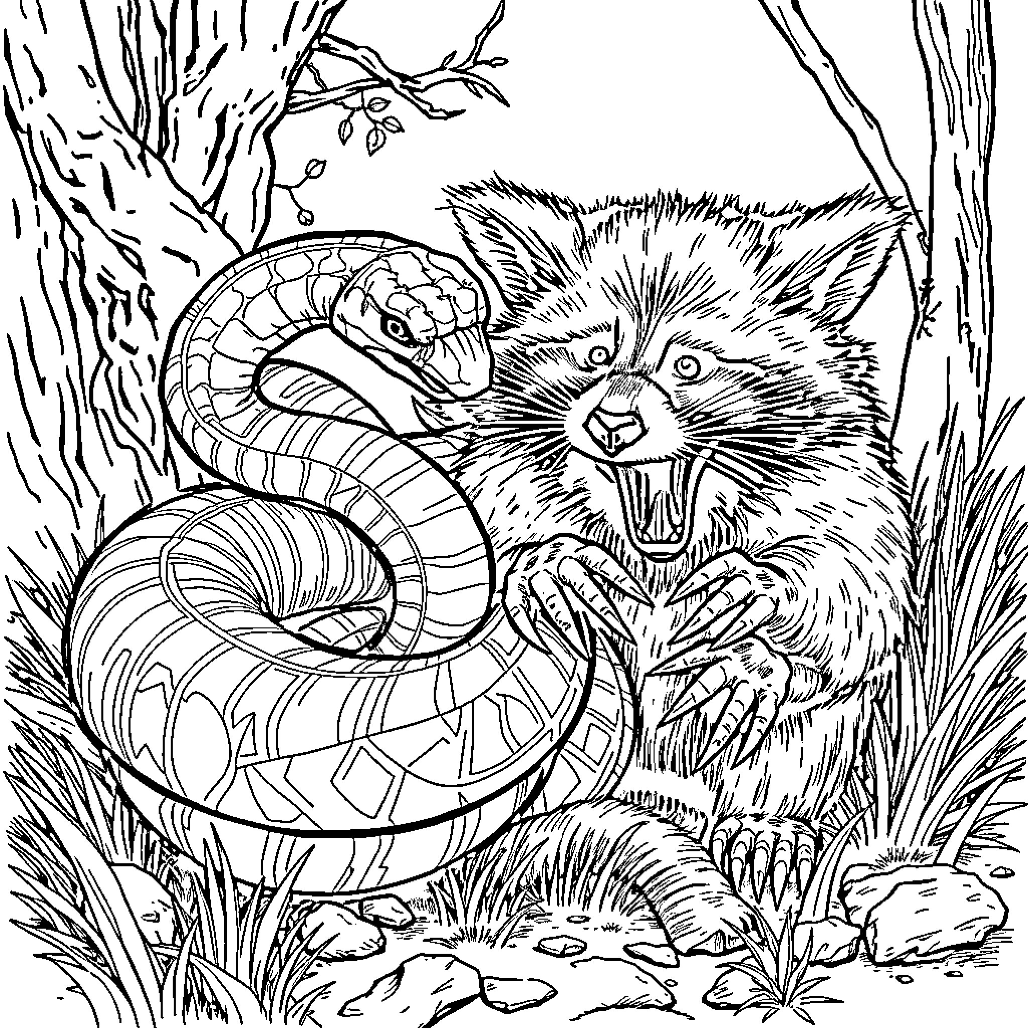 Snake confronting a snarling raccoon in the forest Coloring Page (free black-and-white line drawing printable PDF for all, from beginners to advanced learners, including children, teens, adults, and seniors)