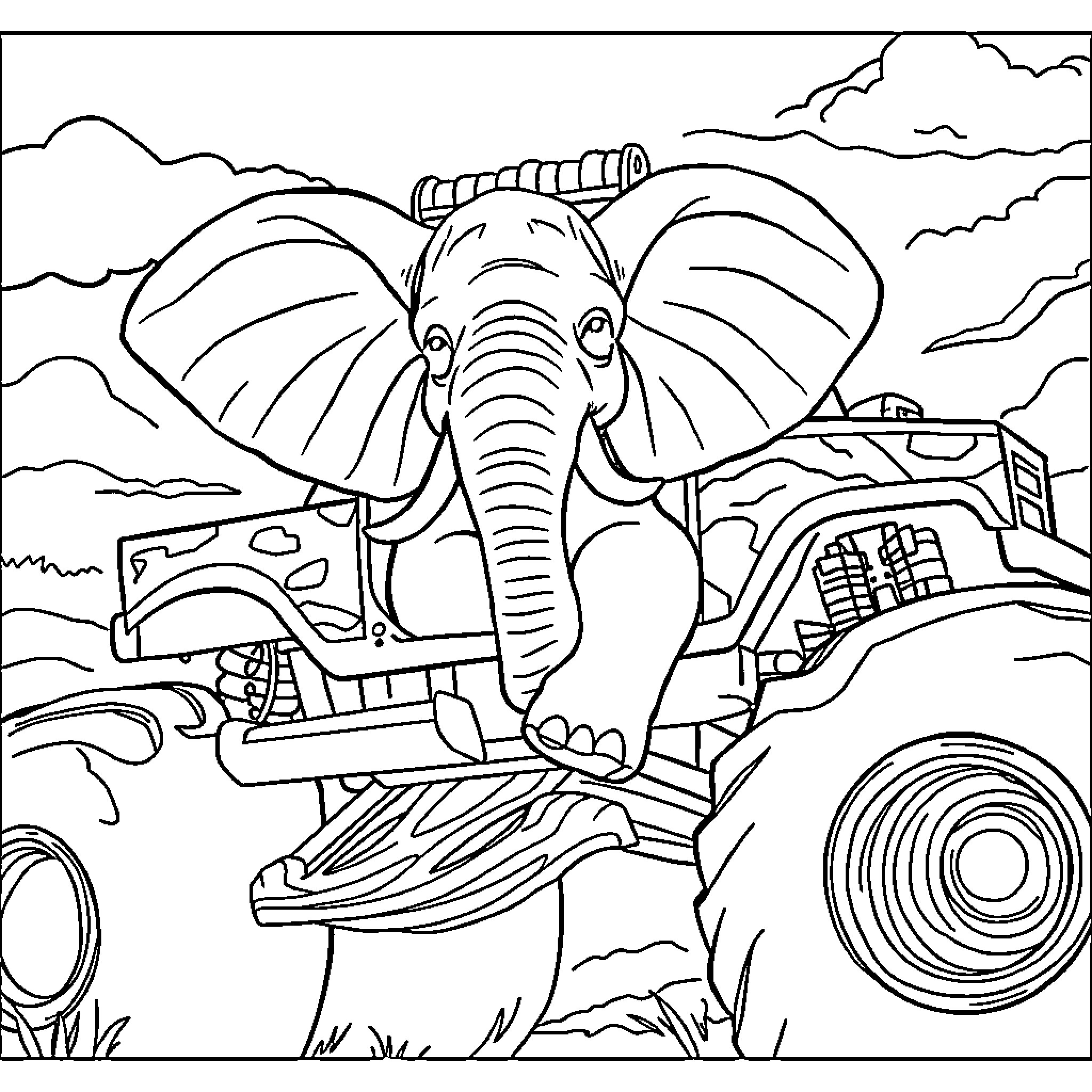 Elephant monster truck crushing through the wilderness Coloring Page (free black-and-white line drawing printable PDF for all, from beginners to advanced learners, including children, teens, adults, and seniors)