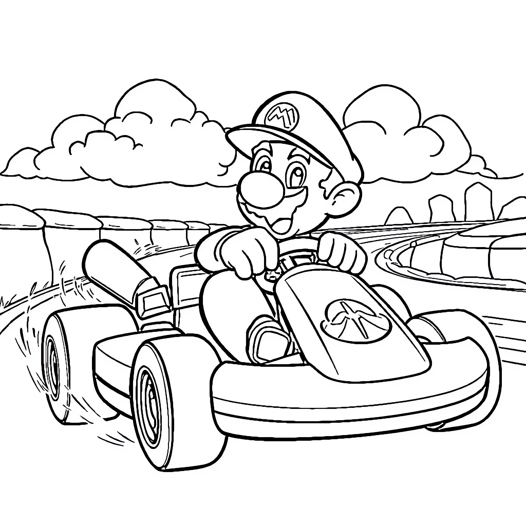 Bluey driving a racing kart in the countryside Coloring Page (free black-and-white line drawing printable PDF for all, from beginners to advanced learners, including children, teens, adults, and seniors)
