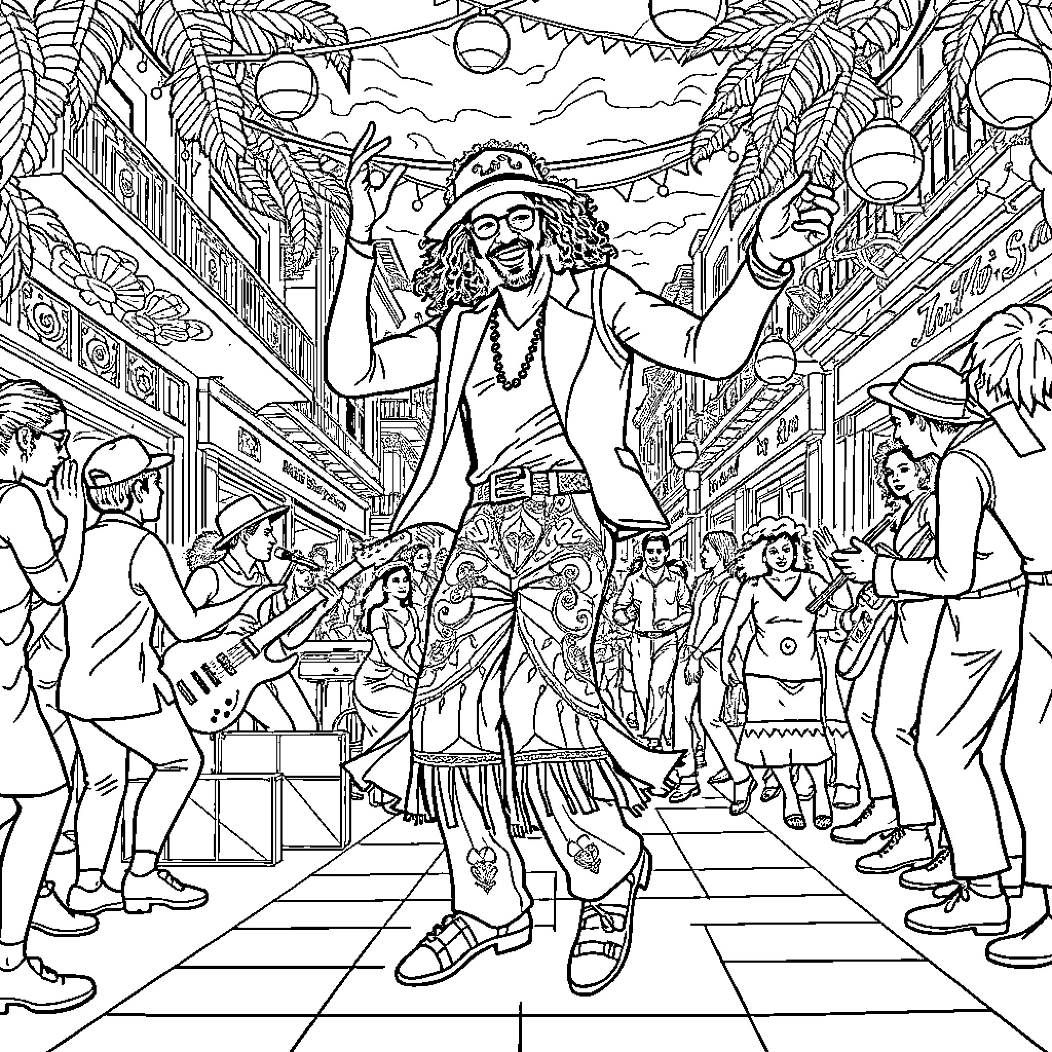 Rick James performing on stage with joyful expression Coloring Page (free black-and-white line drawing printable PDF for all, from beginners to advanced learners, including children, teens, adults, and seniors)