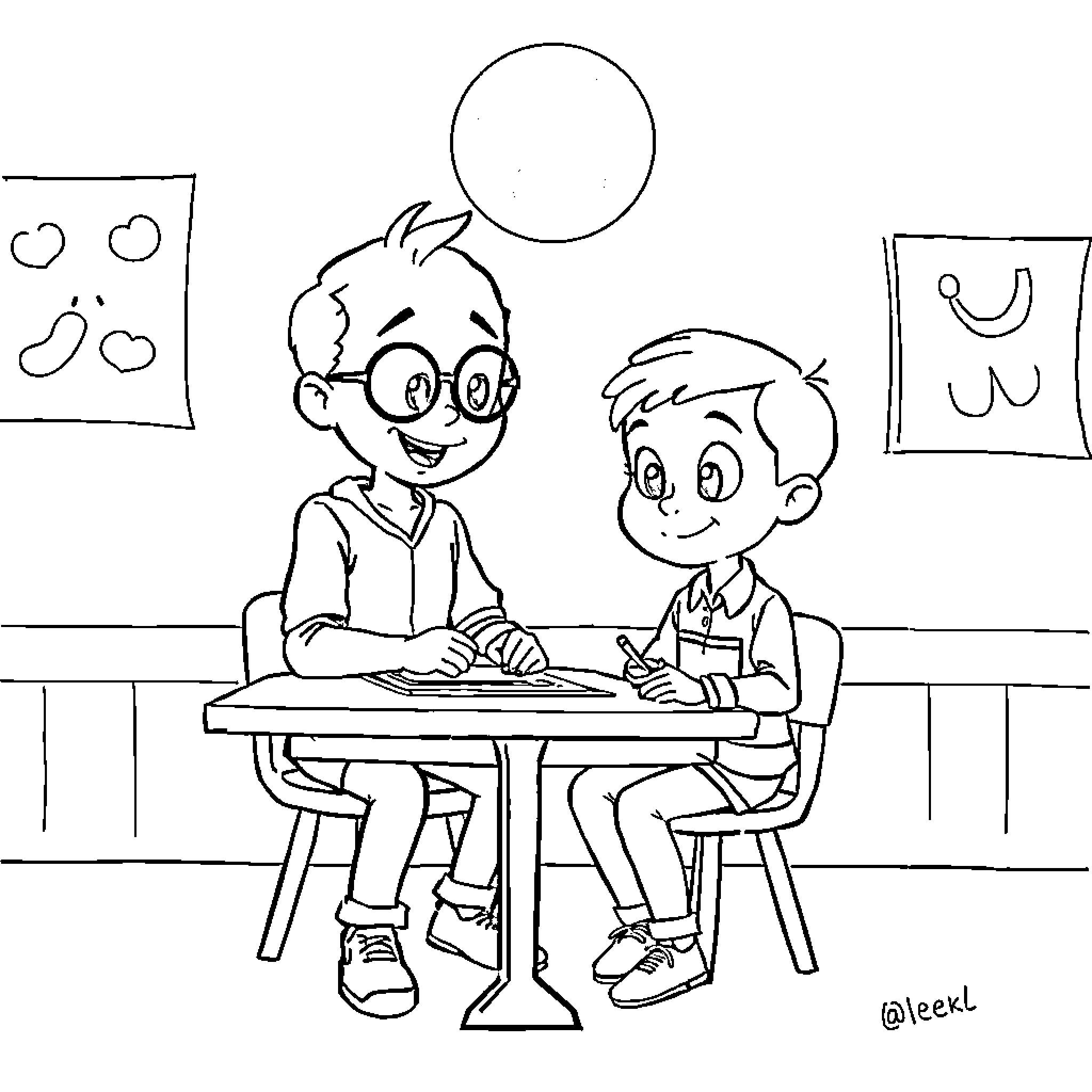 Class Learning Together Happily Coloring Page (free black-and-white line drawing printable PDF for all, from beginners to advanced learners, including children, teens, adults, and seniors)