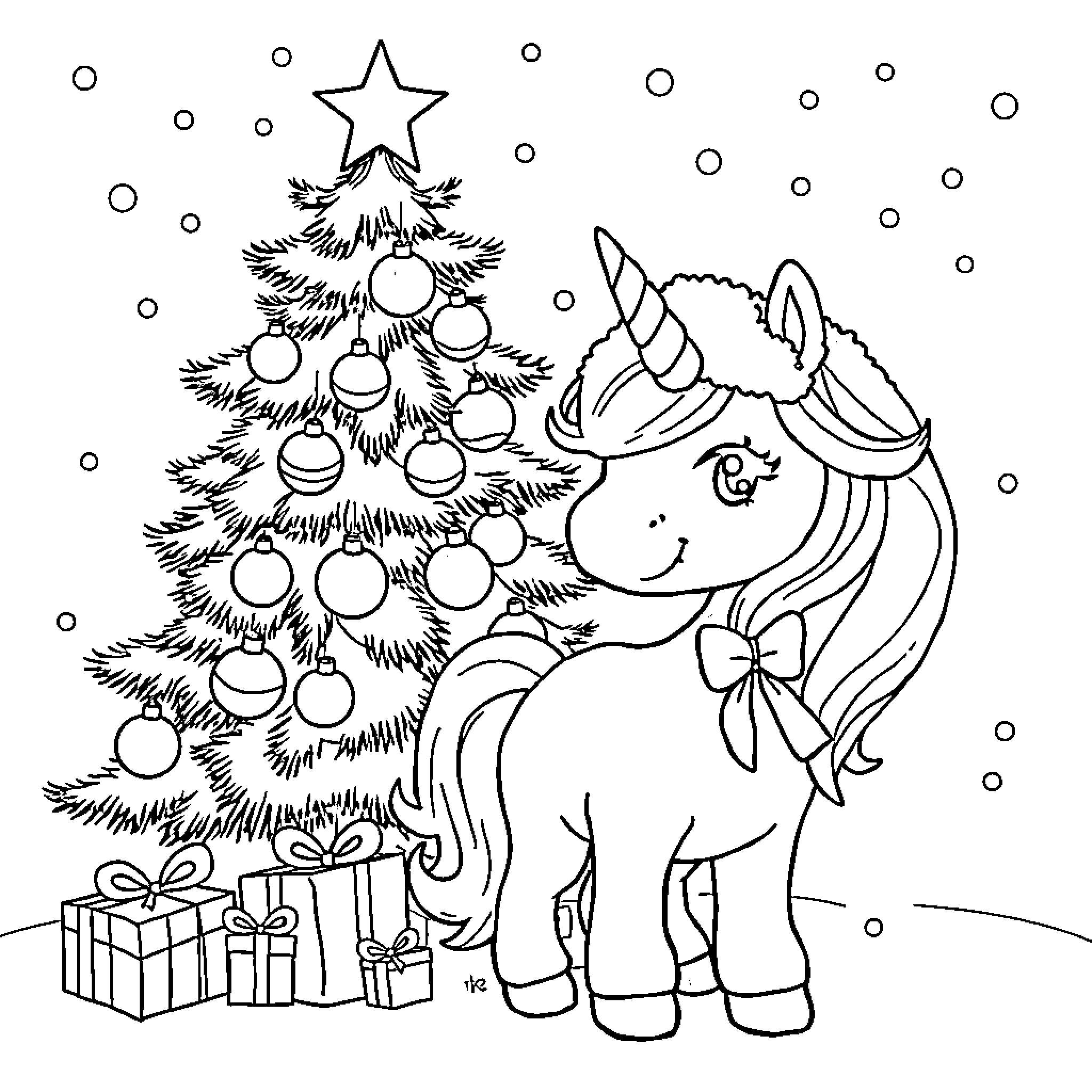 Unicorn celebrating Christmas with a decorated tree Coloring Page (free black-and-white line drawing printable PDF for all, from beginners to advanced learners, including children, teens, adults, and seniors)