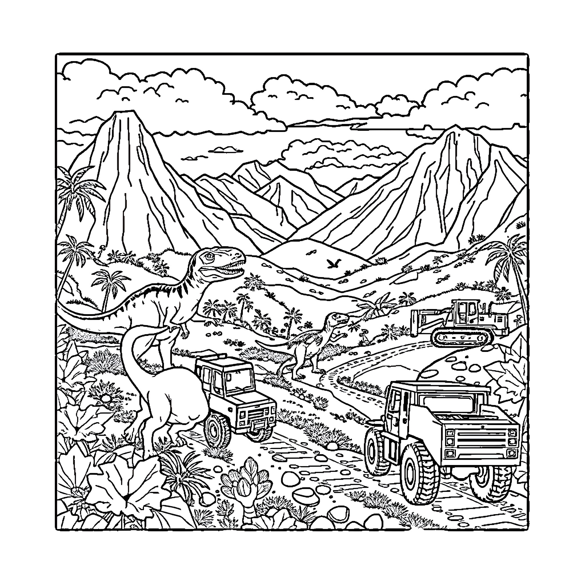 Dinosaur exploring rugged mountain landscape with vehicles Coloring Page (free black-and-white line drawing printable PDF for all, from beginners to advanced learners, including children, teens, adults, and seniors)