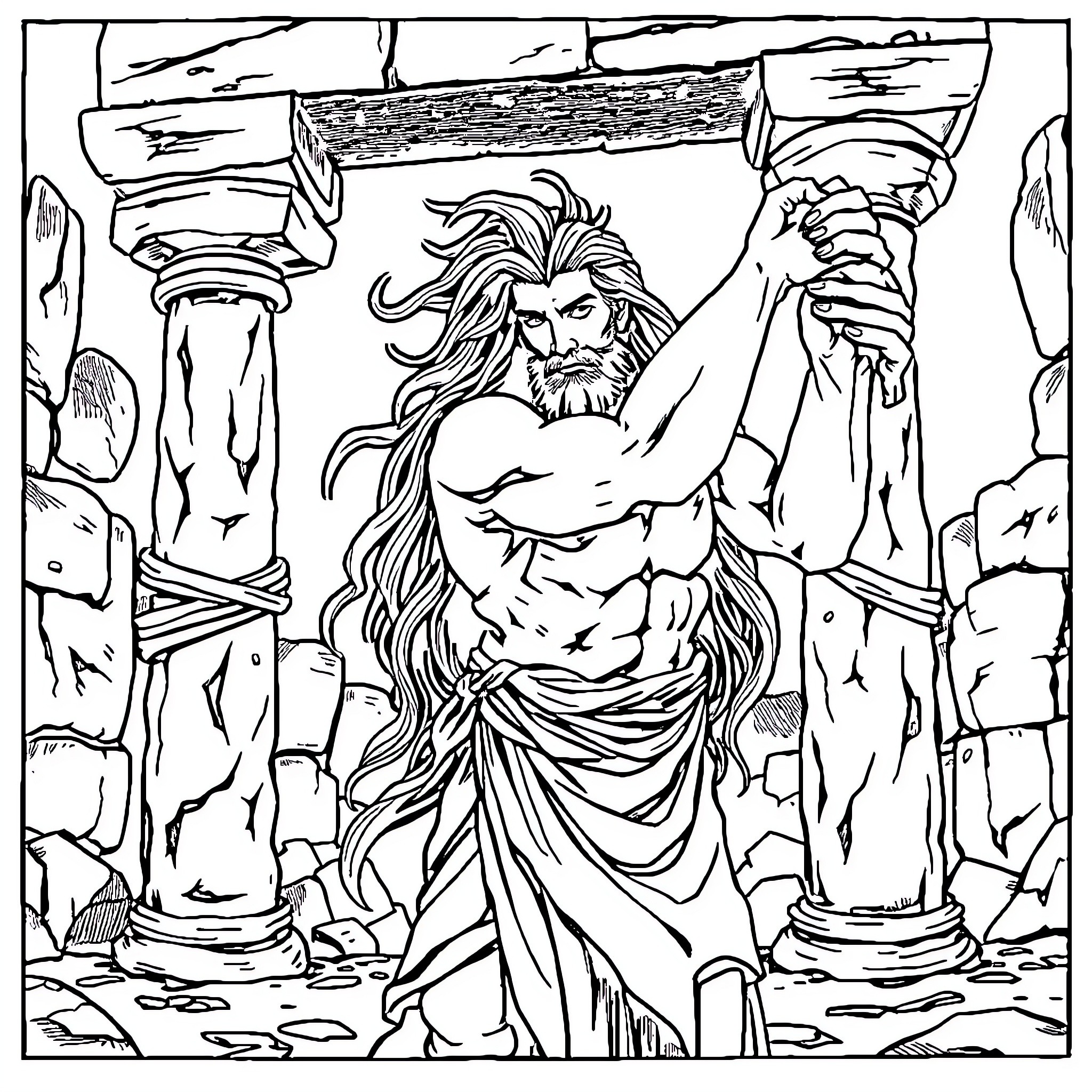 Samson, the Mighty Warrior, Stands Triumphant Coloring Page (free black-and-white line drawing printable PDF for all, from beginners to advanced learners, including children, teens, adults, and seniors)