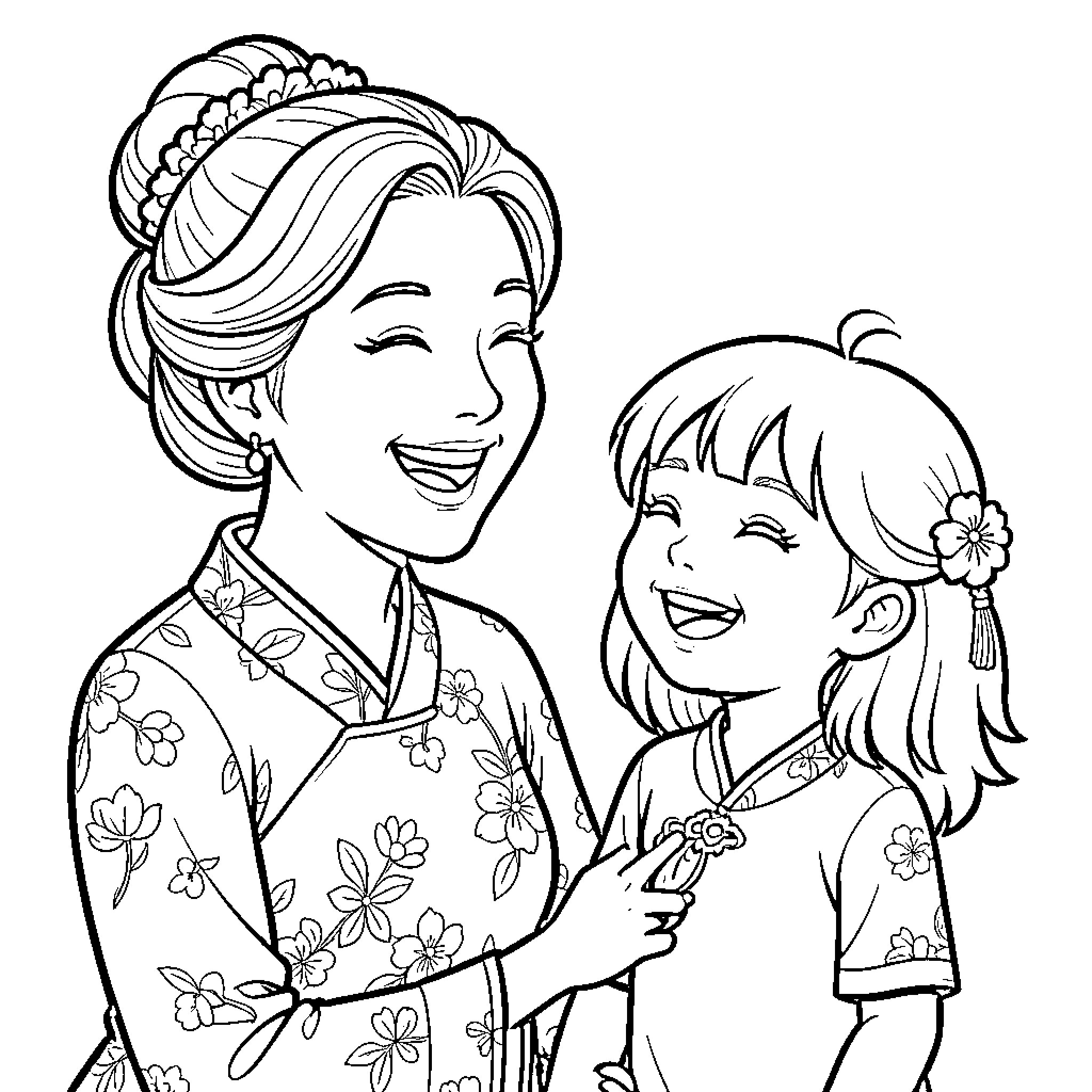 Woman and girl in traditional Japanese attire Coloring Page (free black-and-white line drawing printable PDF for all, from beginners to advanced learners, including children, teens, adults, and seniors)