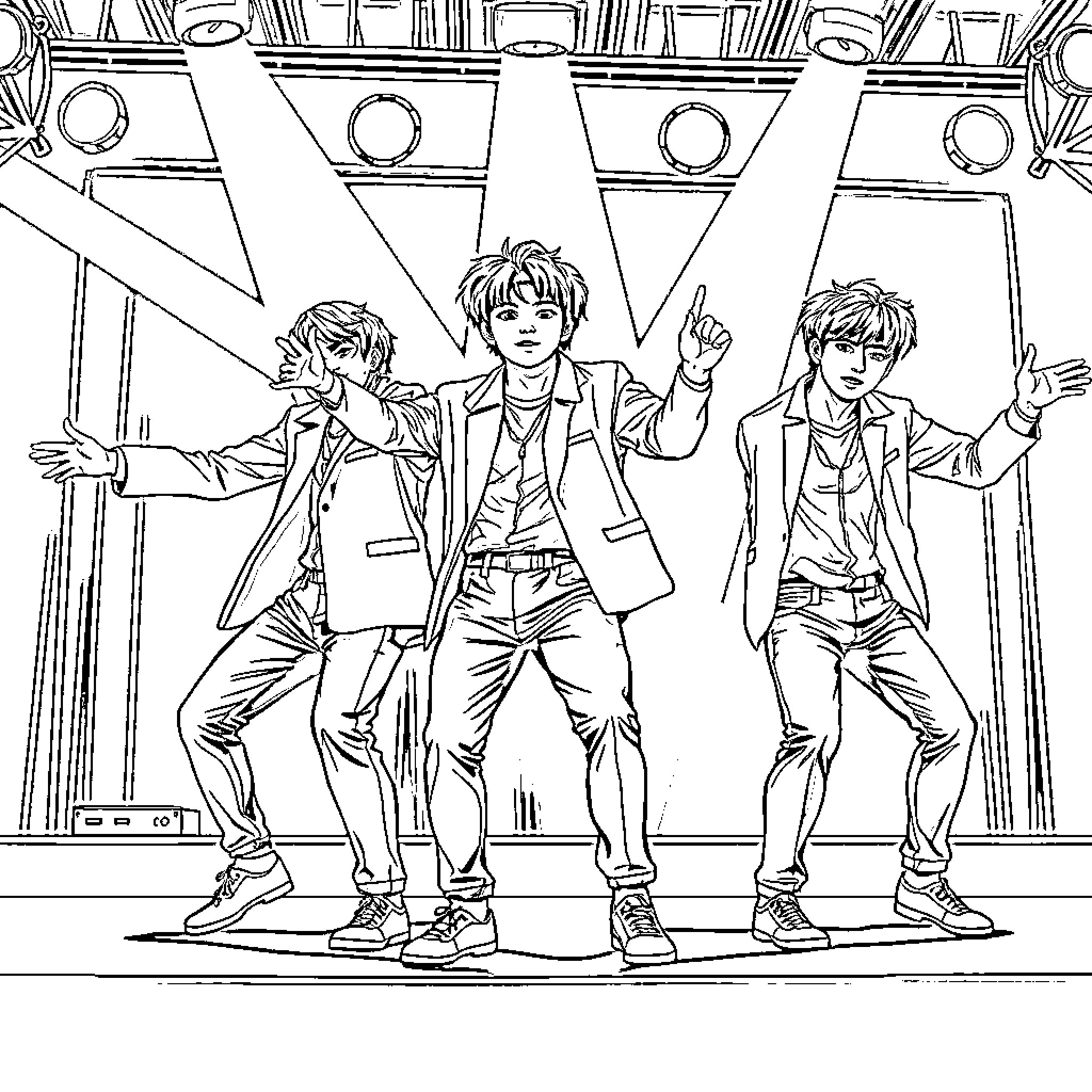 K-pop Boy Band Performing on Stage Coloring Page (free black-and-white line drawing printable PDF for all, from beginners to advanced learners, including children, teens, adults, and seniors)