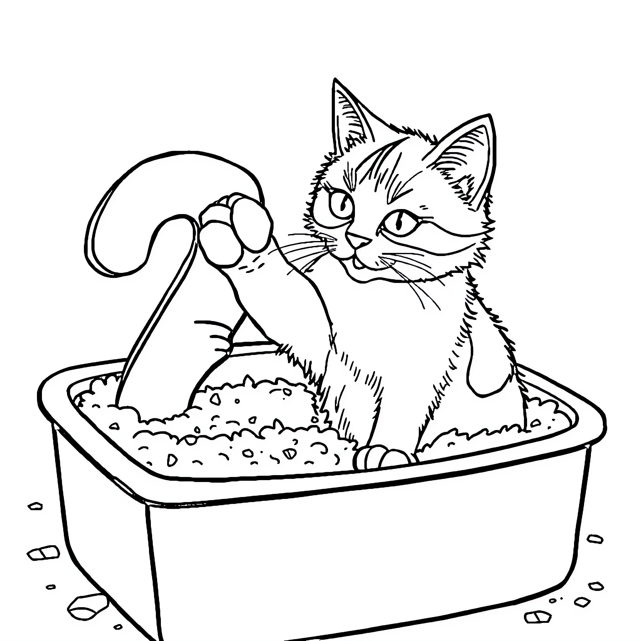 Calico Cat relaxing in the bathtub Coloring Page (free black-and-white line drawing printable PDF for all, from beginners to advanced learners, including children, teens, adults, and seniors)