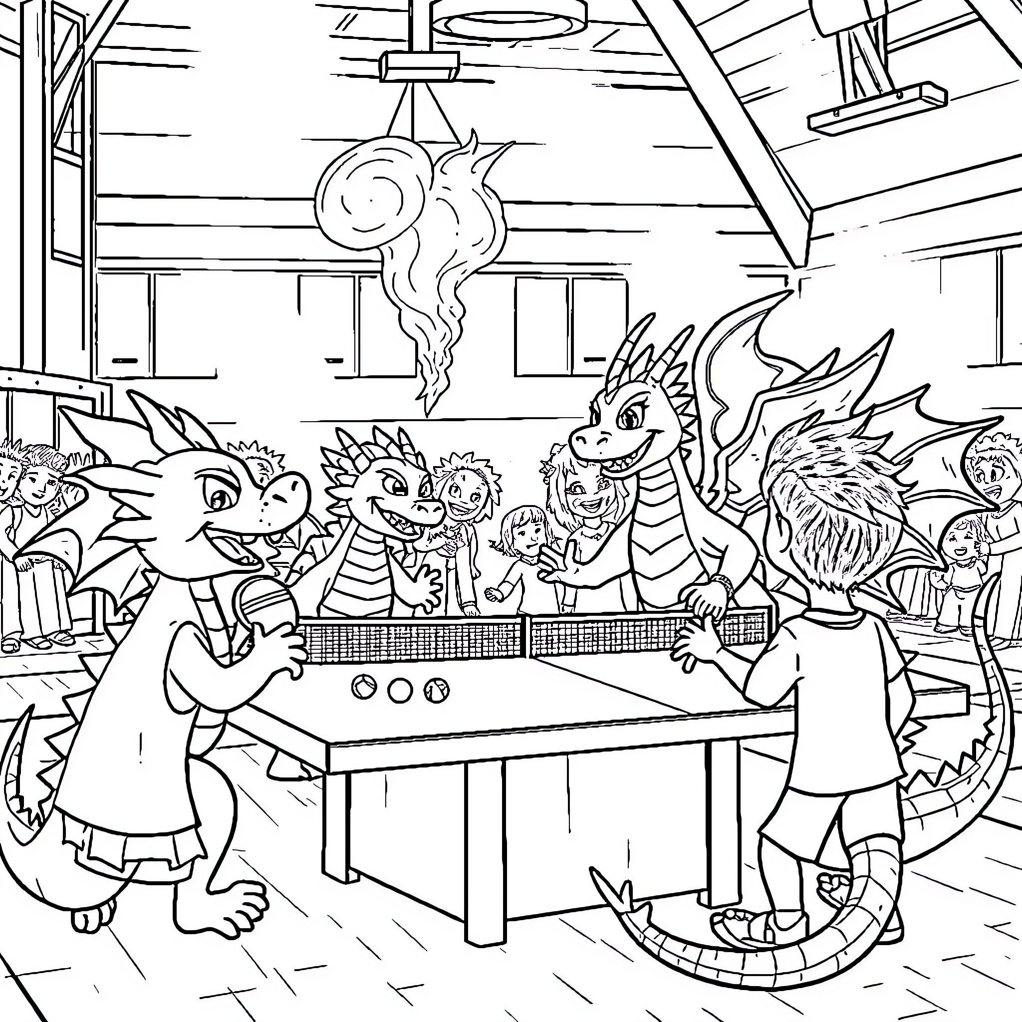 Dragon friends playing a board game together Coloring Page (free black-and-white line drawing printable PDF for all, from beginners to advanced learners, including children, teens, adults, and seniors)
