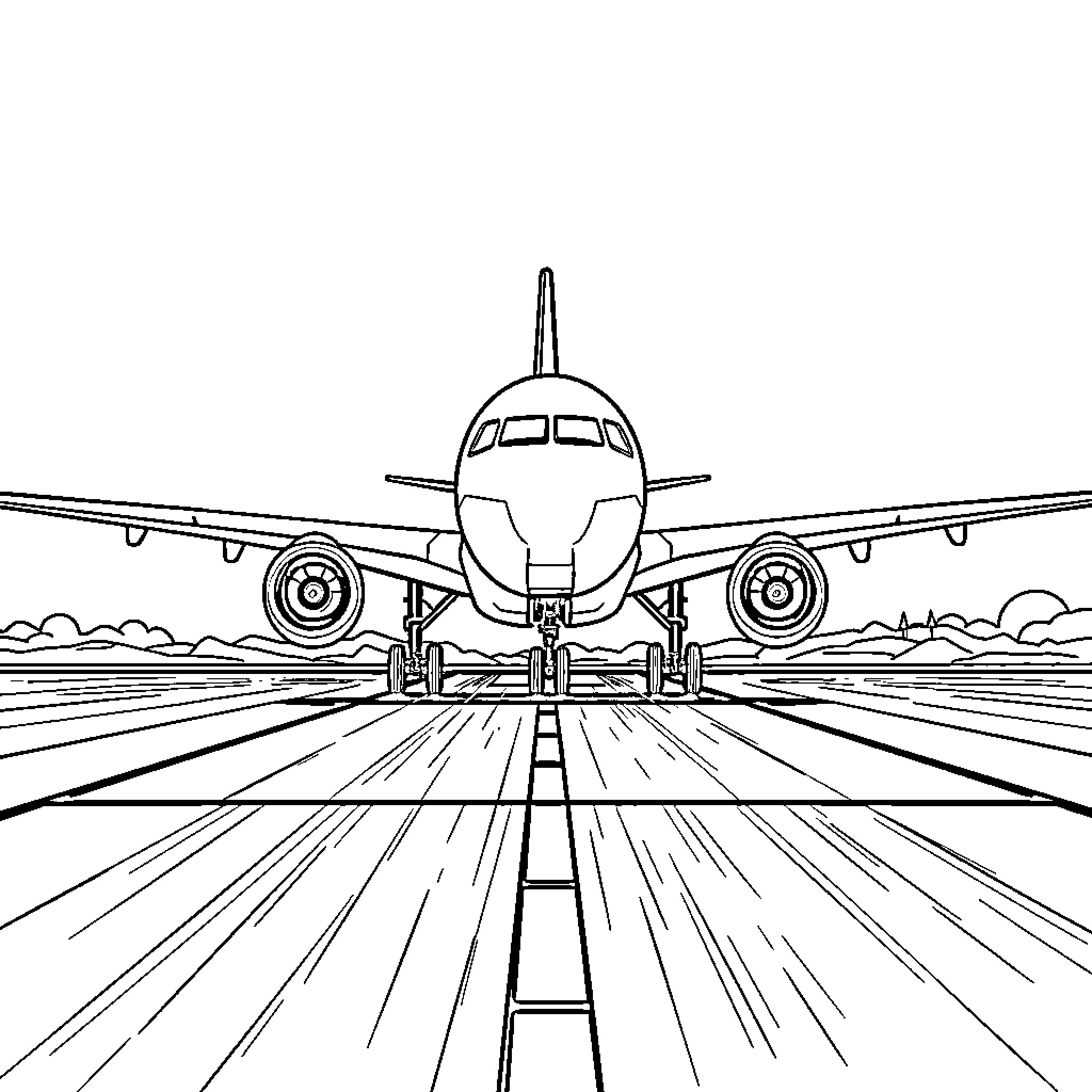 Airplane preparing for takeoff on the runway Coloring Page (free black-and-white line drawing printable PDF for all, from beginners to advanced learners, including children, teens, adults, and seniors)