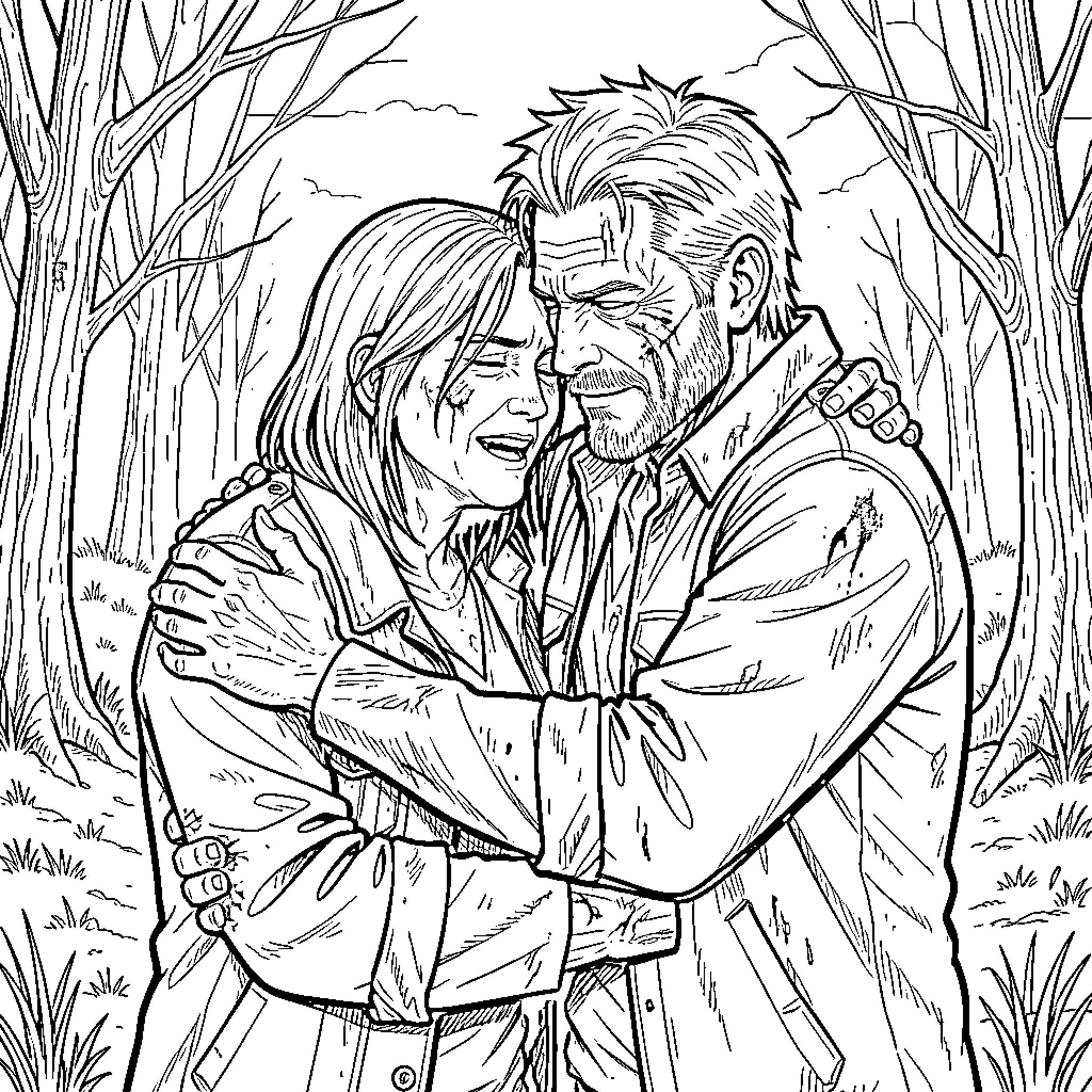 Carl embracing a loved one in a forest setting Coloring Page (free black-and-white line drawing printable PDF for all, from beginners to advanced learners, including children, teens, adults, and seniors)