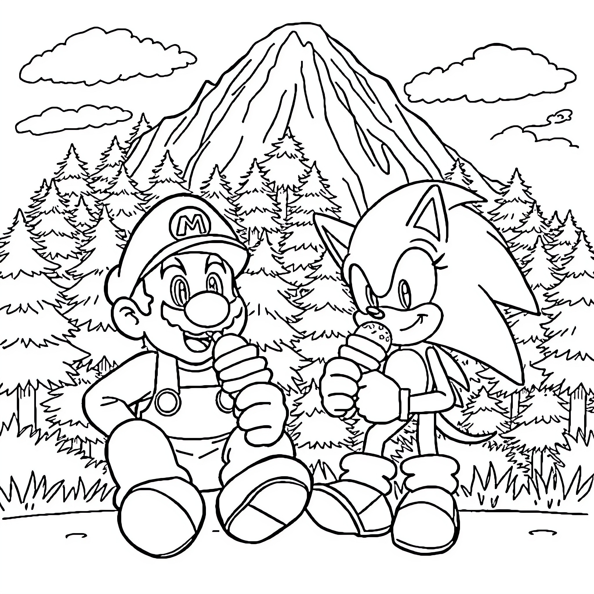 Mario and Sonic exploring the mountain landscape Coloring Page (free black-and-white line drawing printable PDF for all, from beginners to advanced learners, including children, teens, adults, and seniors)