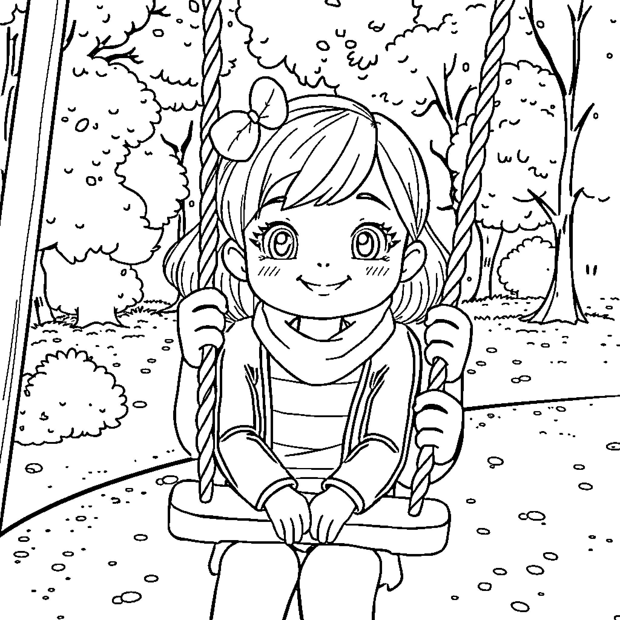 Katsye enjoying a peaceful moment in the forest Coloring Page (free black-and-white line drawing printable PDF for all, from beginners to advanced learners, including children, teens, adults, and seniors)
