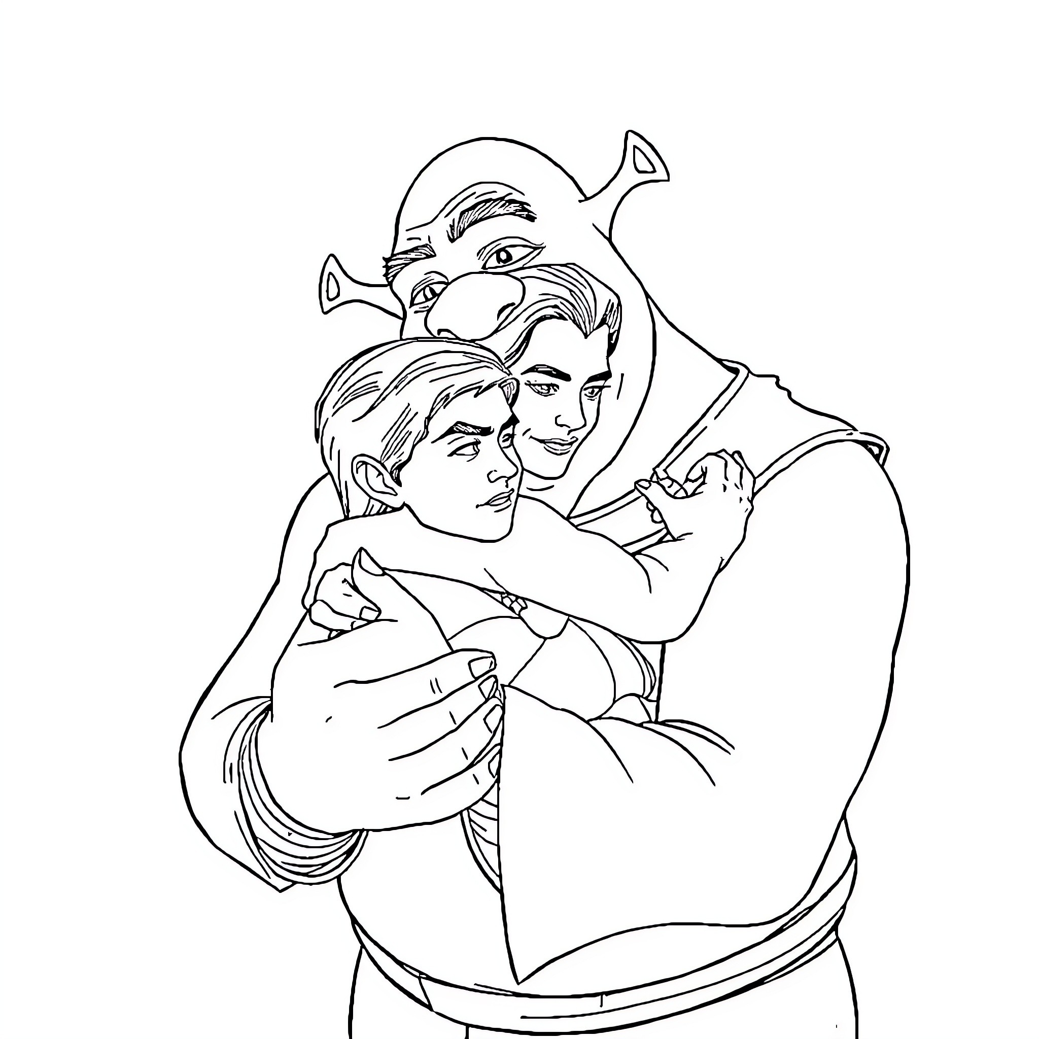 Shrek embracing Princess Fiona in a tender moment Coloring Page (free black-and-white line drawing printable PDF for all, from beginners to advanced learners, including children, teens, adults, and seniors)