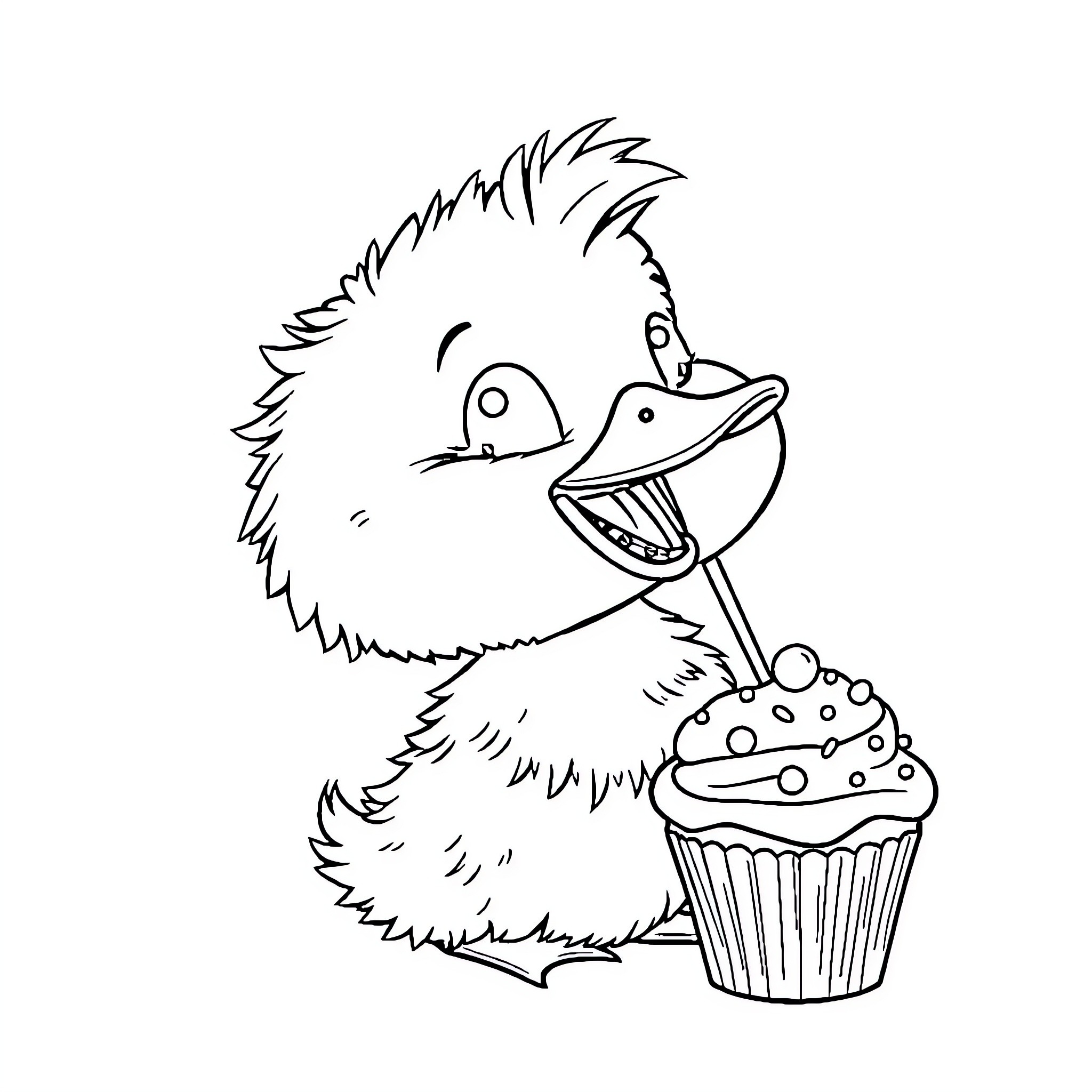 Duck Eagerly Devouring a Cupcake Coloring Page (free black-and-white line drawing printable PDF for all, from beginners to advanced learners, including children, teens, adults, and seniors)