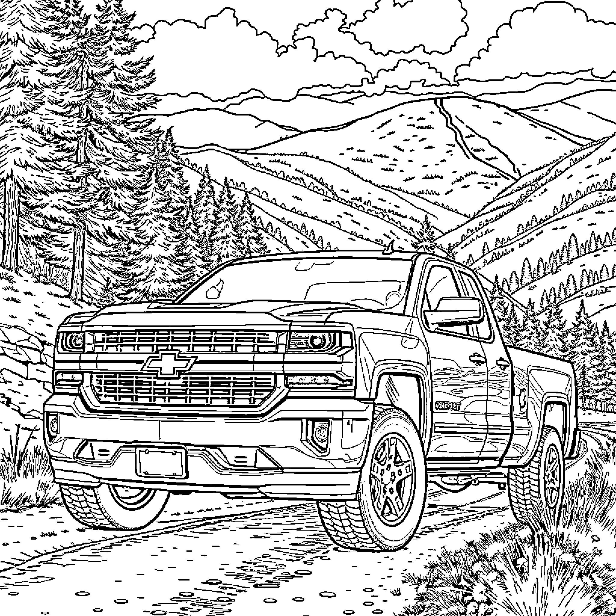 Chevy Truck traversing rugged mountain landscape Coloring Page (free black-and-white line drawing printable PDF for all, from beginners to advanced learners, including children, teens, adults, and seniors)