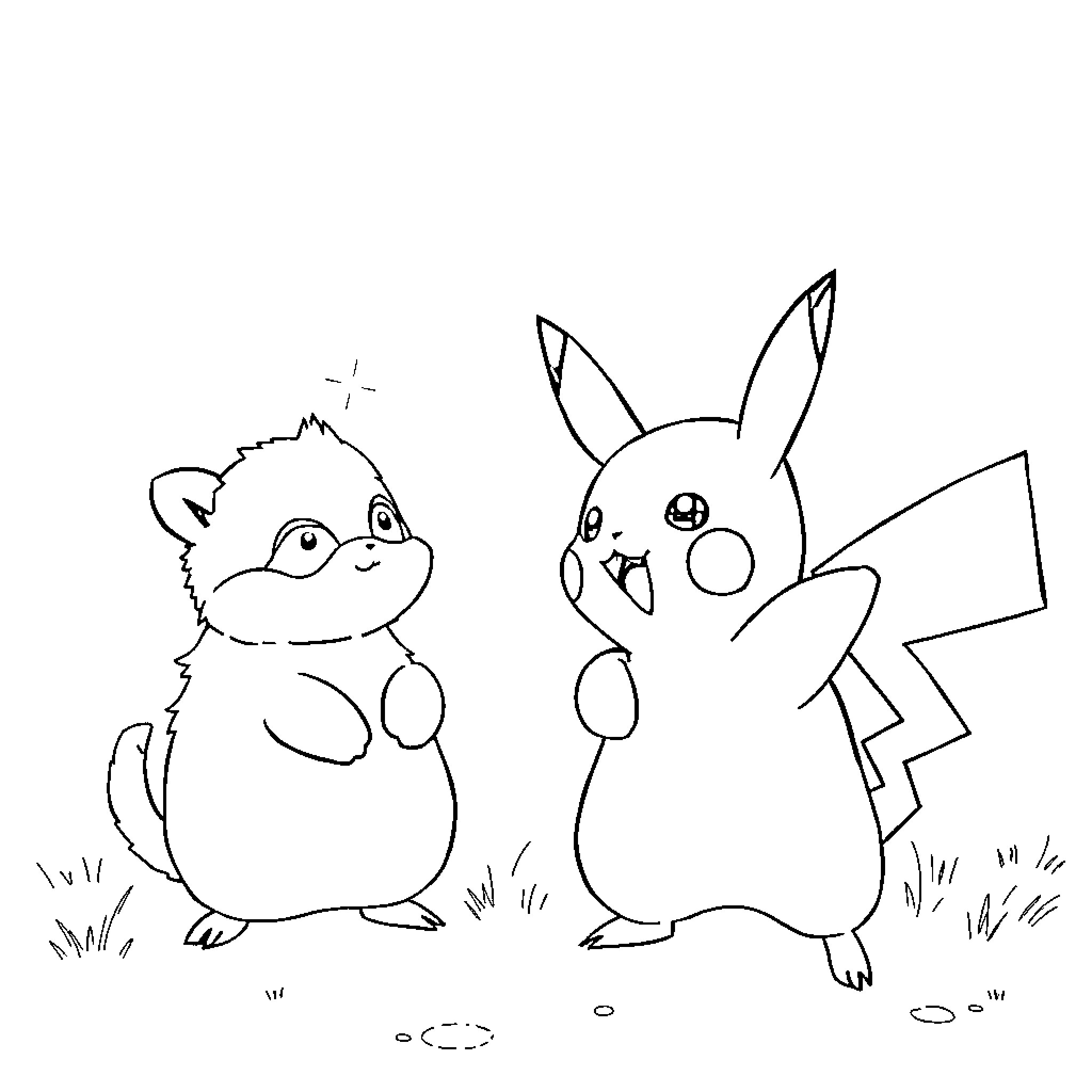 Pikachu and Pikachu playing together happily Coloring Page (free black-and-white line drawing printable PDF for all, from beginners to advanced learners, including children, teens, adults, and seniors)